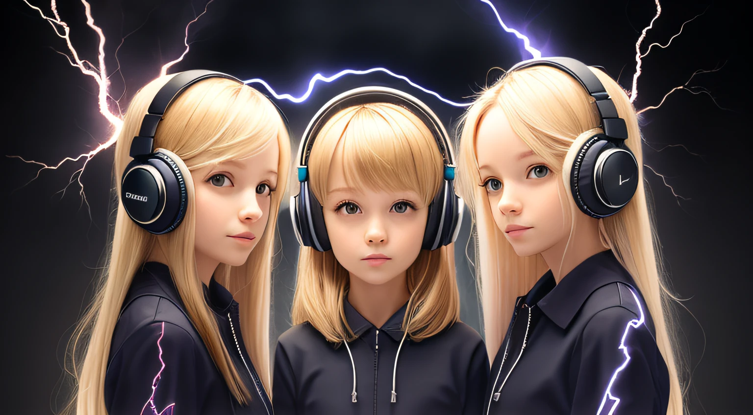Blond-haired triplets,Headphones with lightning in the background,