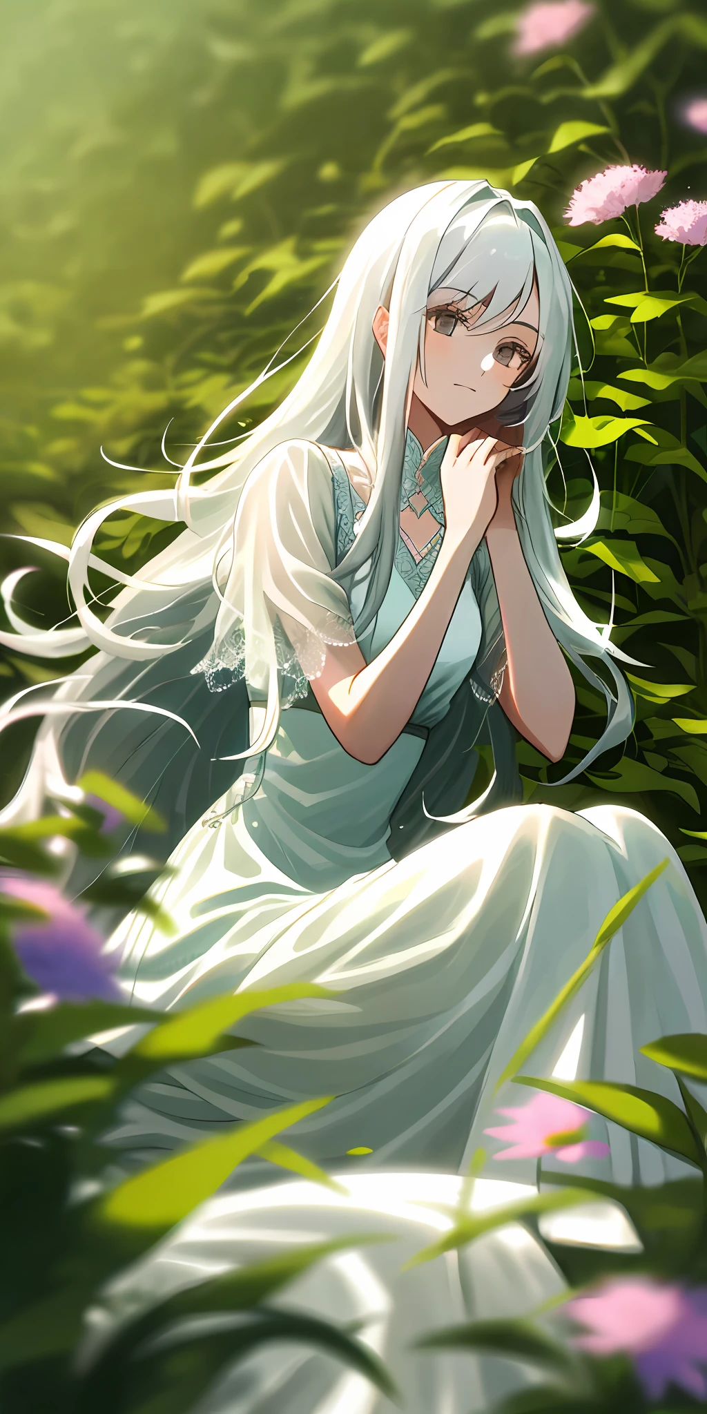 (tmasterpiece,best qualtiy),1 girl with long white hair sitting in a field of greenery and flowers,her hand under her chin,warmly lit,White chiffon dress,Blurred foreground,