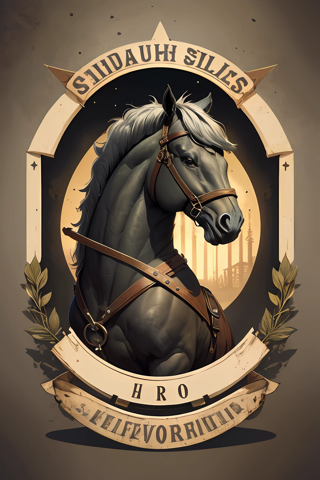 Logotipo de cavalo vetorial, silhuetas, vetorial, Wild West Stile, Faroeste, moldura redonda, cinematographic, geometrical forms, cores escuras, Rock and roll