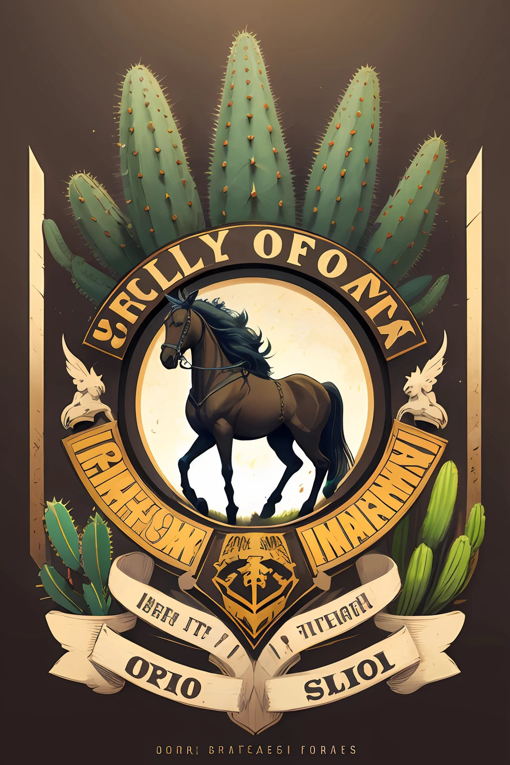 Logotipo de cavalo, silhuetas, vetorial, Wild West Stile, Faroeste, moldura redonda, cinematographic, geometrical forms, Preto e branco, estilo rock and roll, cactos ao redor
