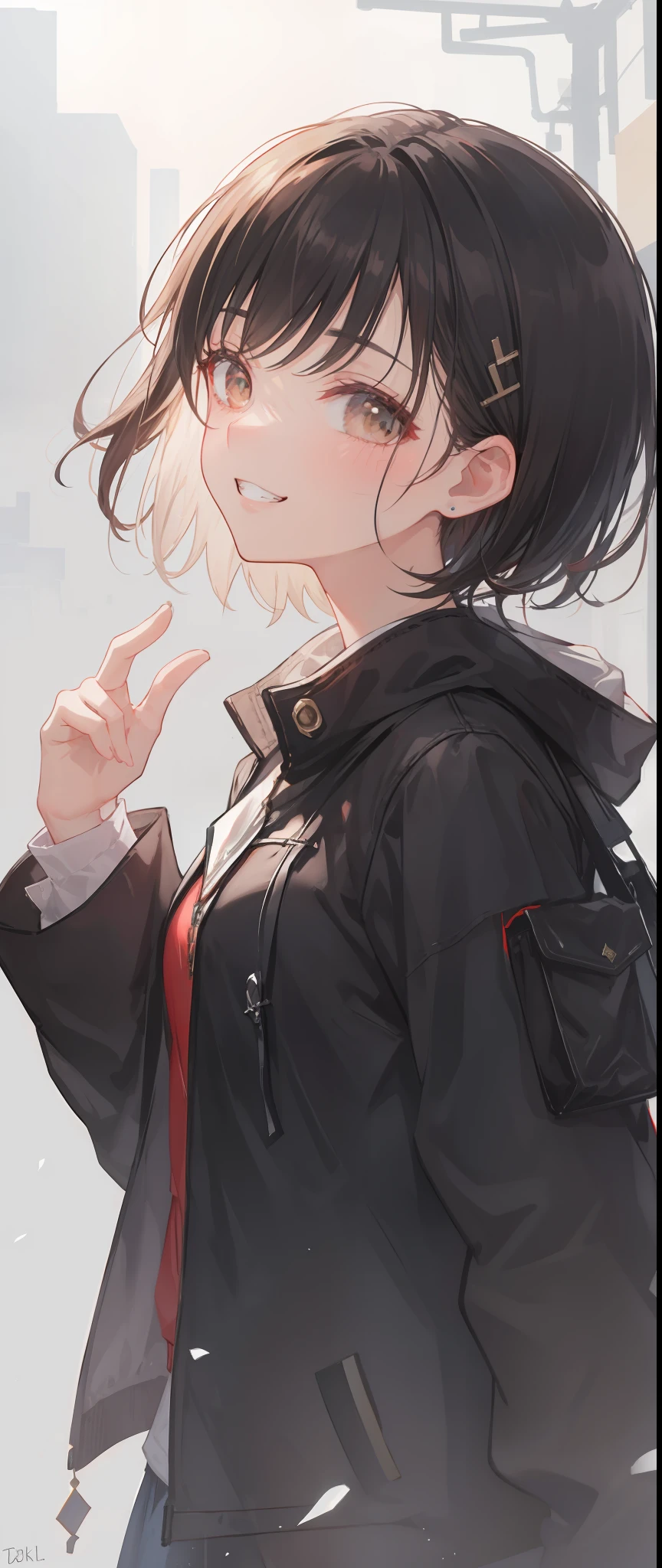 high and cold,Side face,short detailed hair,Sassy,Background bokeh,Dingdall effect,beckon,grin,tmasterpiece,8k