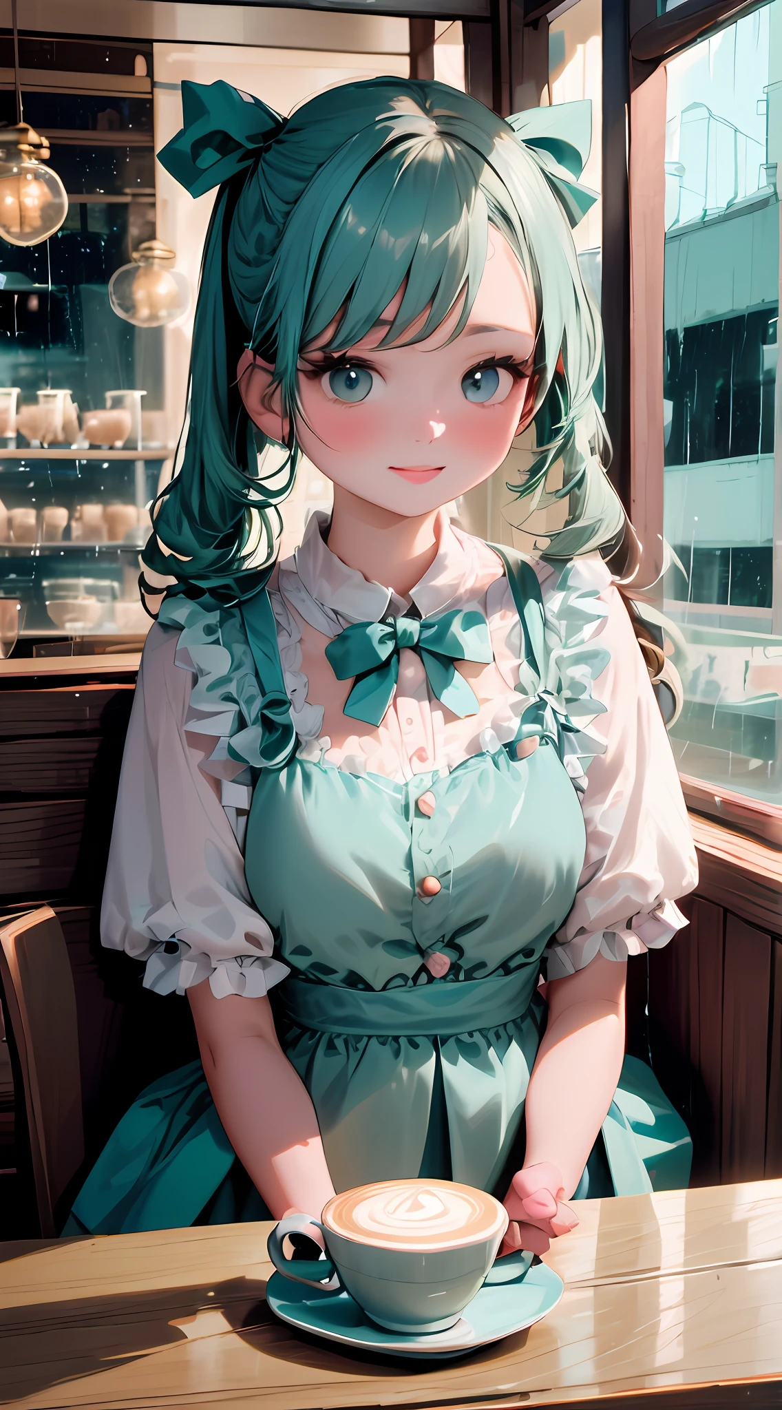 1girl, looking at the rain through a window, she is inside a coffeehouse  ((color palete: pale blue, seafoam , silver colors)), hairbow, 🌧️