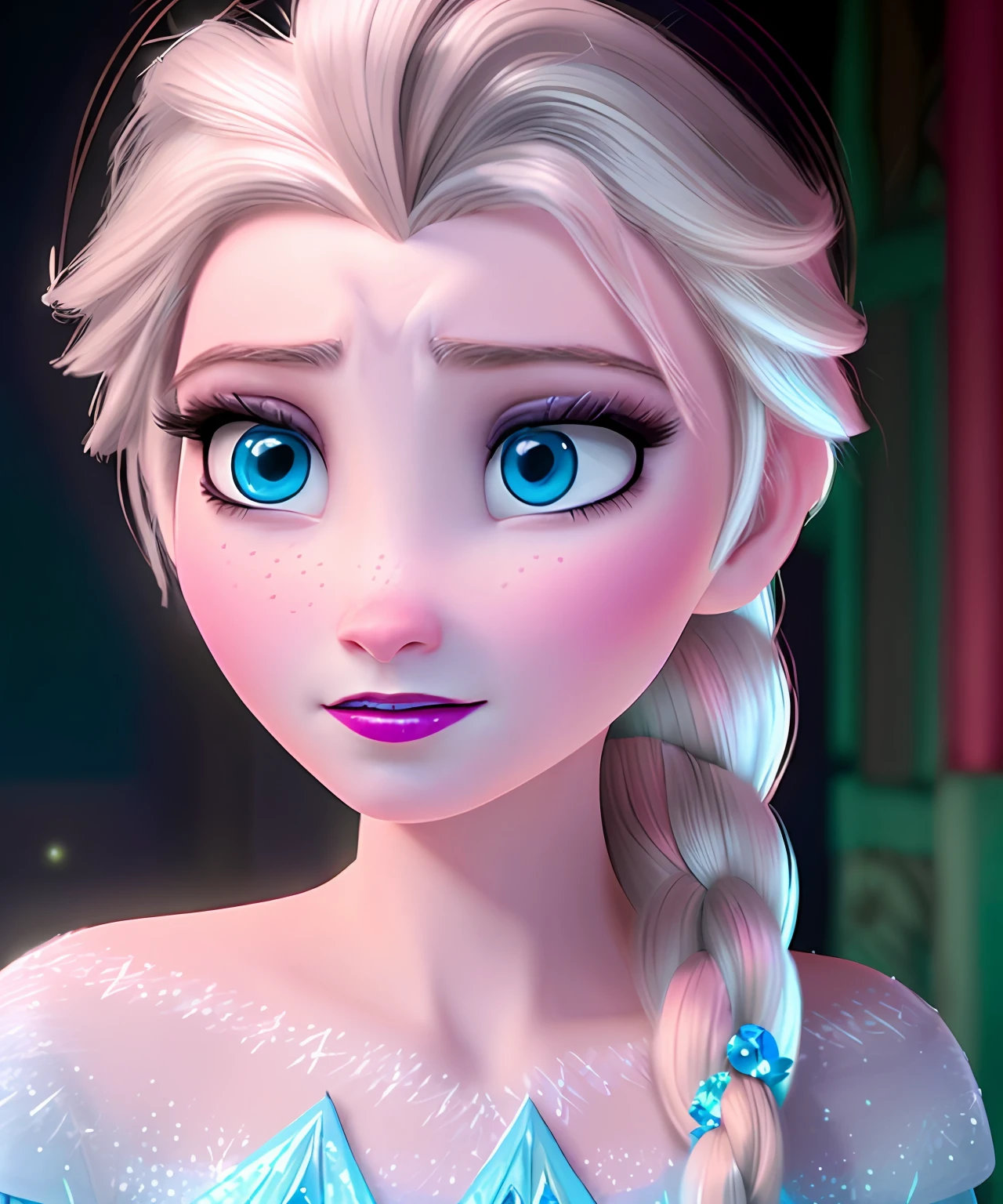 (Obra maestra:1.4), (Mejor calidad:1.4), (High resolution:1.4), (noche:1.2), (retrato:1.2), Elsa de Arendelle, vestido azul hielo, (single braid:1.1) ,single braid, Estilo disney, animacion disney, pelicula disney, ,fotografia profesional