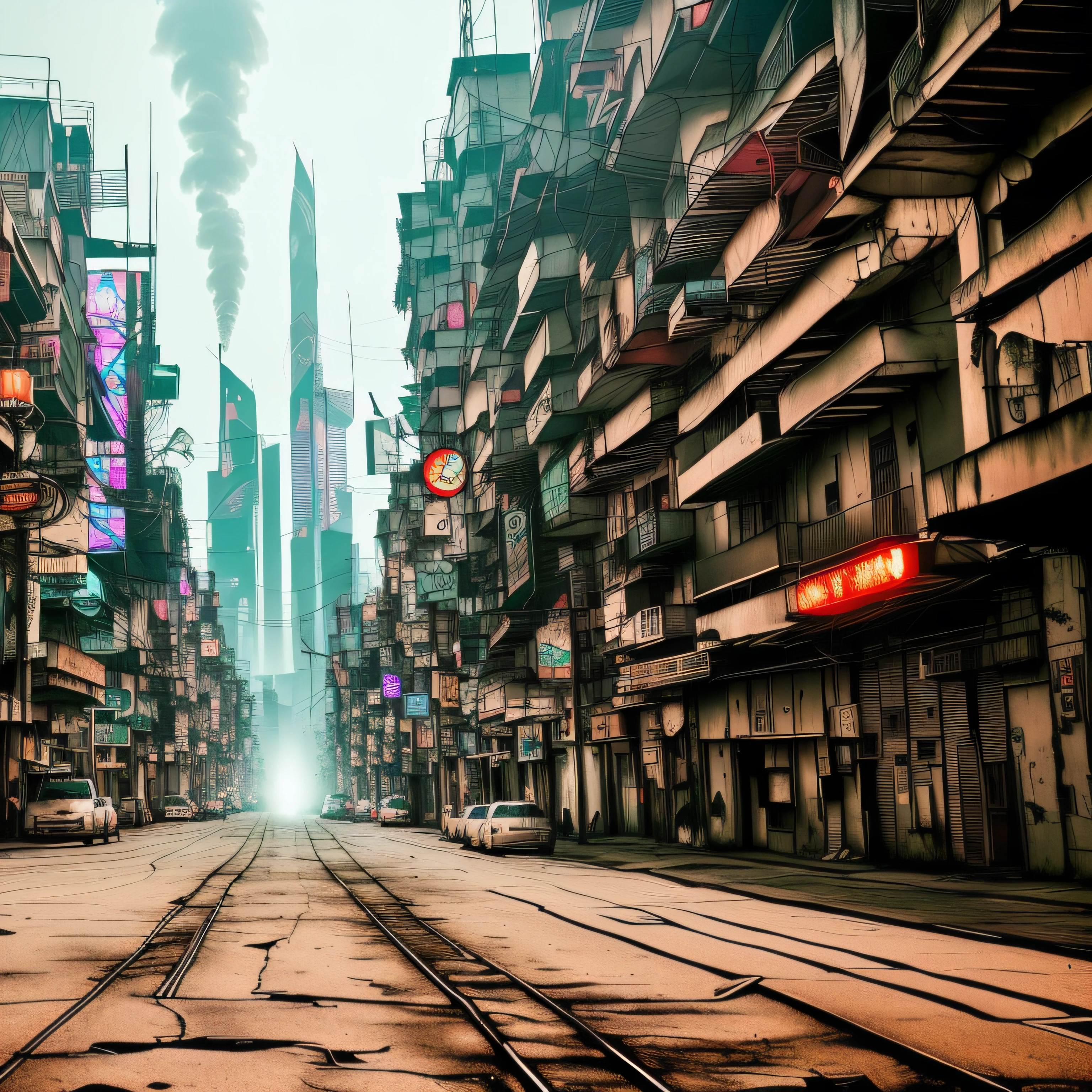 Uma paisagem urbana steam-cyberpunk densamente povoada. core com tema dark, horror e cores escuras - fazendo contraste com contornos de vermelho neon --auto