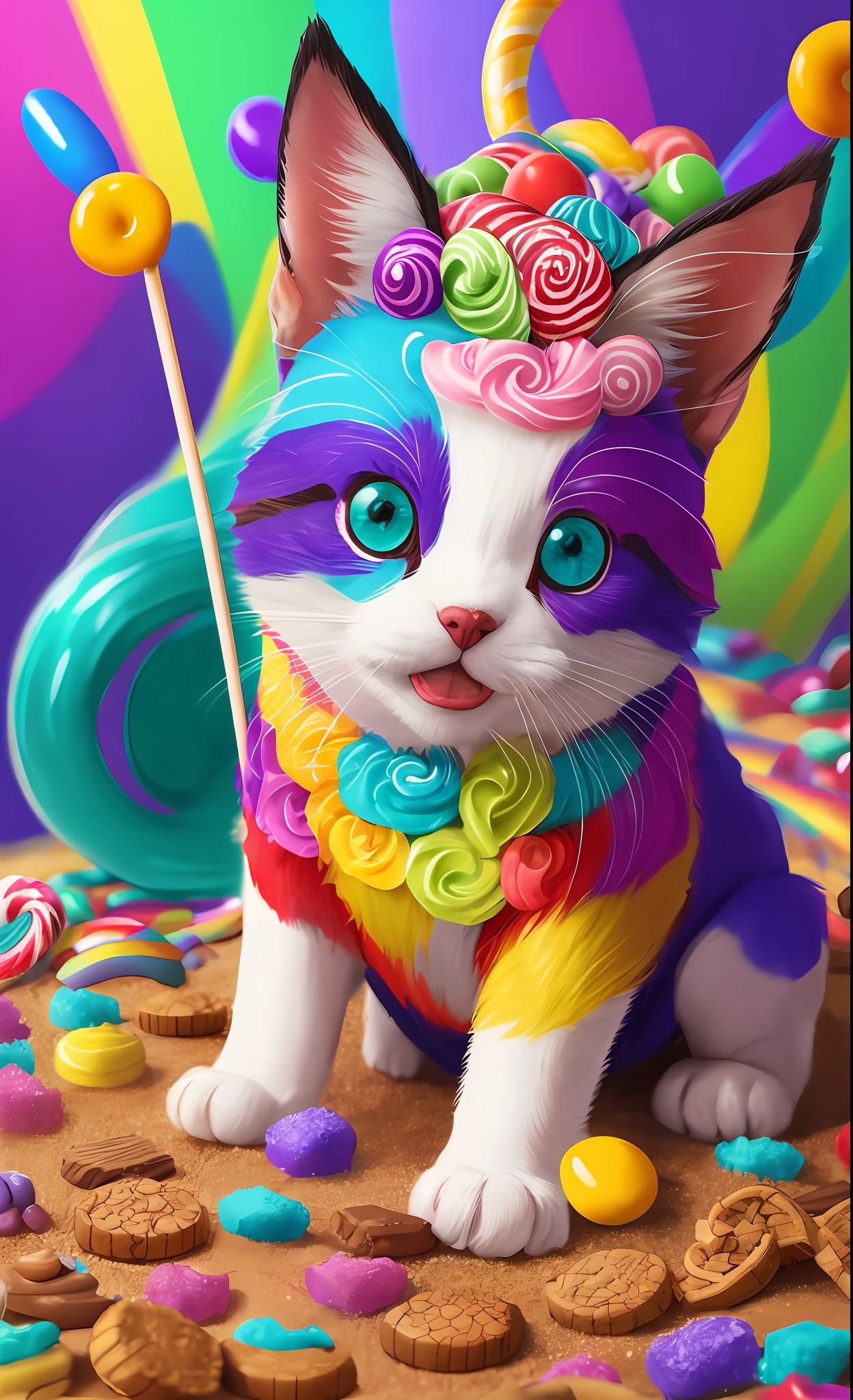Obra-Prima melhor qualidade 1.3, altamente detalhado ,fantasia chibe hiper realista (photoreal : 0.31),Candyland, dynamic without humans,Solo Traditional Media Fake Illustration (rio mel,mel rio), cotton candy clouds, brilhante detalhes, dreamy heart colorful vivid cinematic ,pin-up 0.2 , ultra detalhado , Depth of fields Rainbow Syrup, biscoito, noodle,barra de chocolate, caramelo ,bolo,purpurina,bolacha , jelly various colors, extremamente detalhado,Candyland