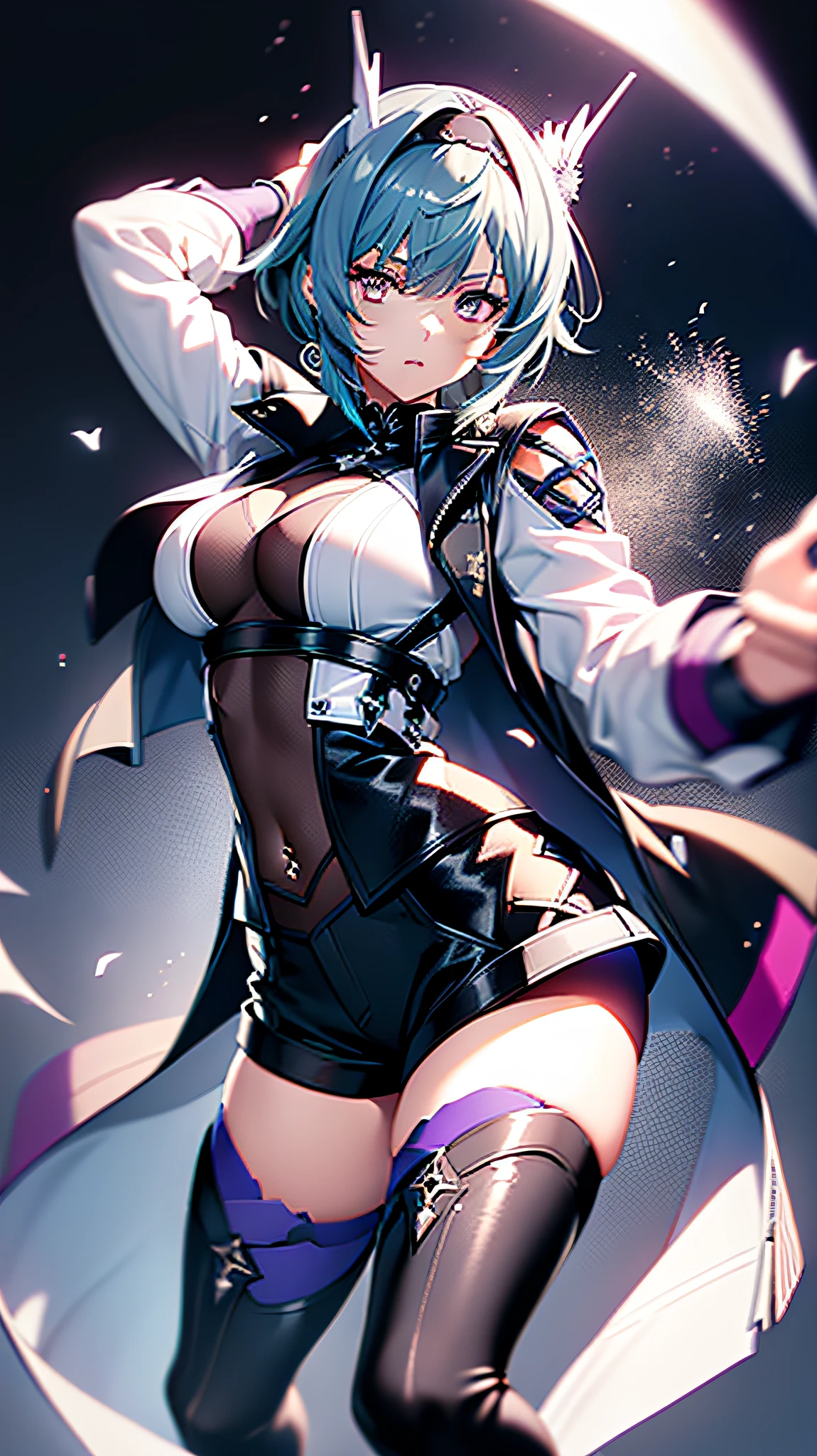 (((Masterpiece))), (best qualighy, best resolution:1.2), beautiful anatomy, perfect body, very delicate, super gorgeous hair, very beautiful hair, high ponytail, pink hair ornament, multicolored hair, absurderes, glowing eyes:1.2, pink impossible dress:1.1, clothes under clothes, full body, pigeon-toed, holding magical girl stick, (big and kawaii puff scenery), unique art, most beautiful art, ((ultra detailed)), beautiful details, ((nice drawn hands and fingers)), (most beautiful legs), depth in field, cinematic lightining, colorful, intricate, mesmerizing