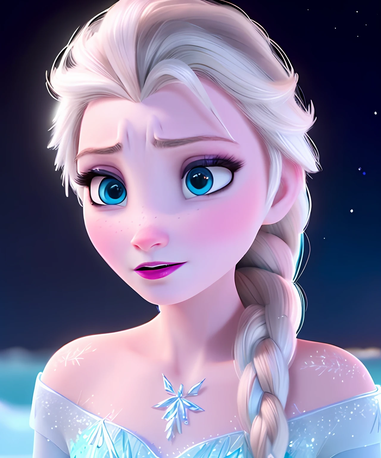 (Obra maestra:1.4), (Mejor calidad:1.4), (High resolution:1.4), (noche:1.2), (retrato:1.2), Elsa de Arendelle, vestido azul hielo, (single braid:1.1) ,single braid, Estilo disney, animacion disney, pelicula disney, ,fotografia profesional