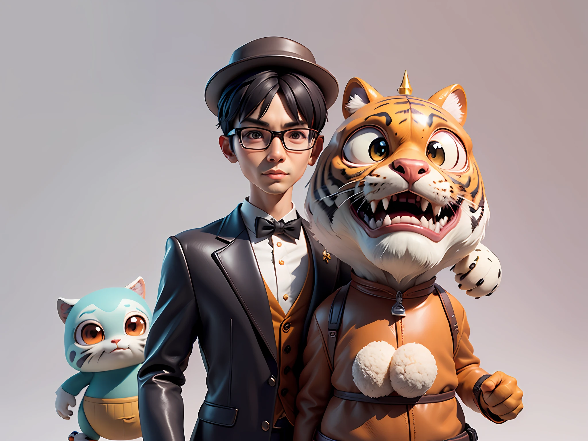 Young man with oriental face in leather hat, tiger, oriental face in formal suit, short black hair, silver glasses, digital painting, 3D character design by Mark Clairedon and Pixar and Hayao Miyazaki and Akira Toriyama, the illustration is a high-definition illustration in 4K resolution with very detailed facial features and cartoon-style visuals.