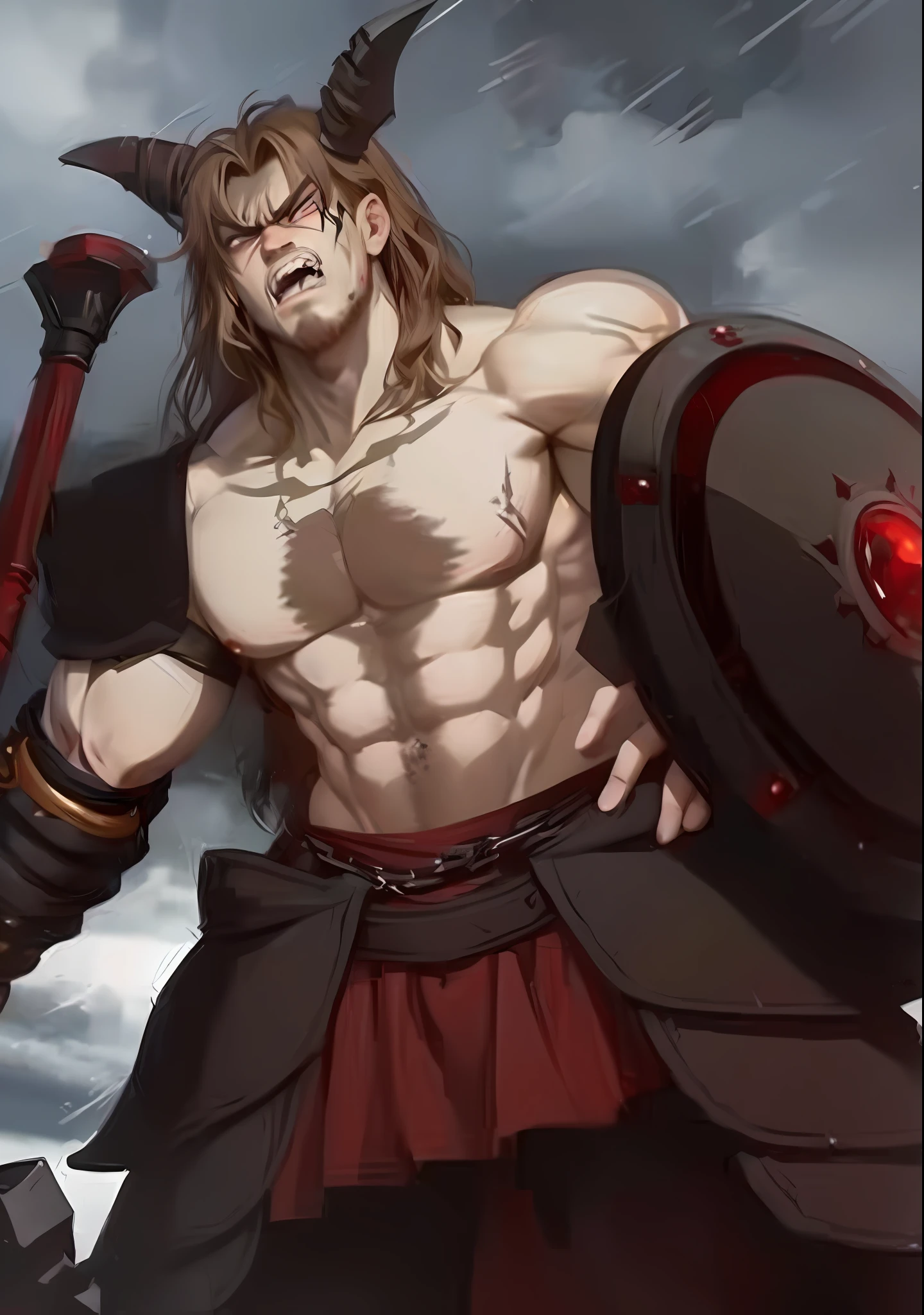 1boy, muscle, angry, HD, (((masterpiece, best quality:1.3))), blood, bandagens, axe, wide eyes, angry, clenched teeth, veind, scars