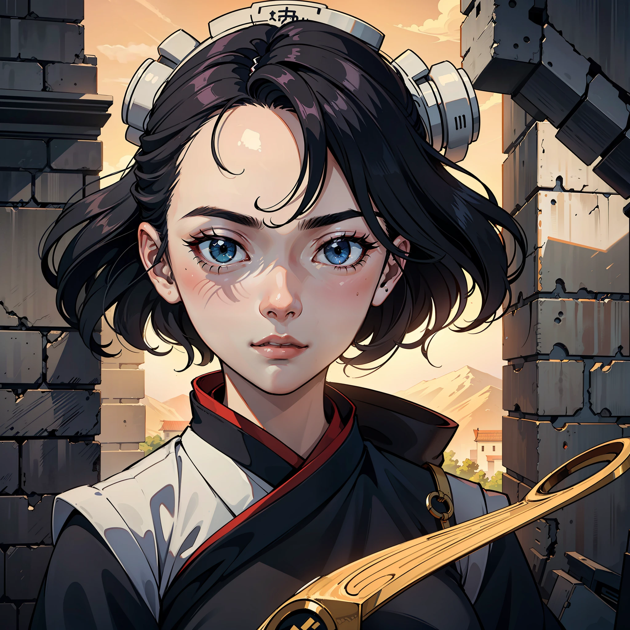 (masterpiece)，The best picture quality，Ultra-detailed details，Using the(Hanfu)The subject，Girls are the main body，Add elements of "Girl in a Bottle"，Beautiful lighting and shadow effects overall，White pentagonal cap，largeeyes，Delicate expression，Beautiful lines and gestures，The background is an ancient building or landscape landscape。 --auto