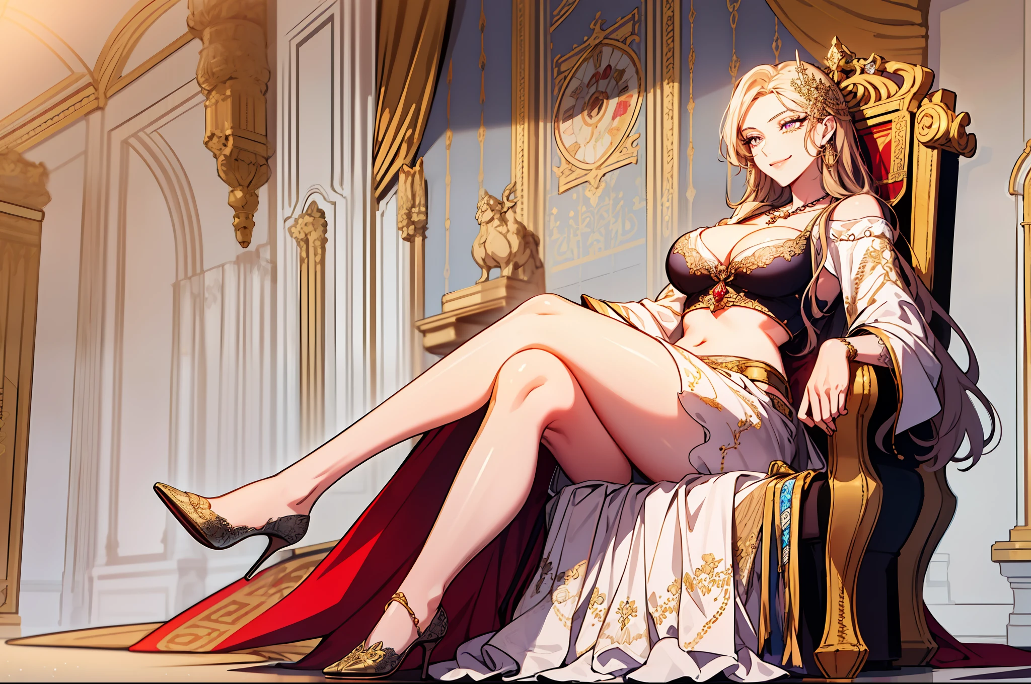 sadistic smile, shoujo-style
(masterpiece, best quality, ultra-detailed, official wallpaper), (beautiful detailed face, beautiful detailed eyes), long eyelashes, hair ornament, jewelry, nacklace, midriff, cleavage, big breast, (full body), royal dress, throne, sitting, crossed legs, highheels, thick thighs