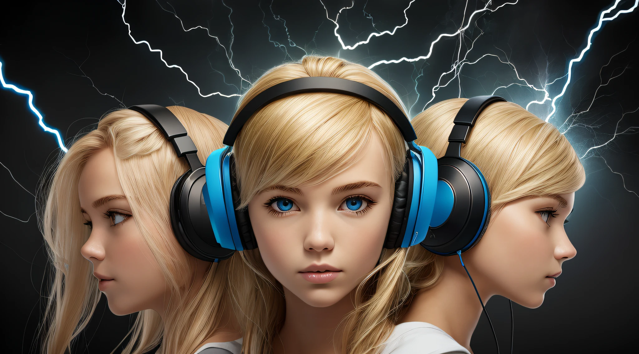Blond-haired triplets,Headphones with lightning in the background,
