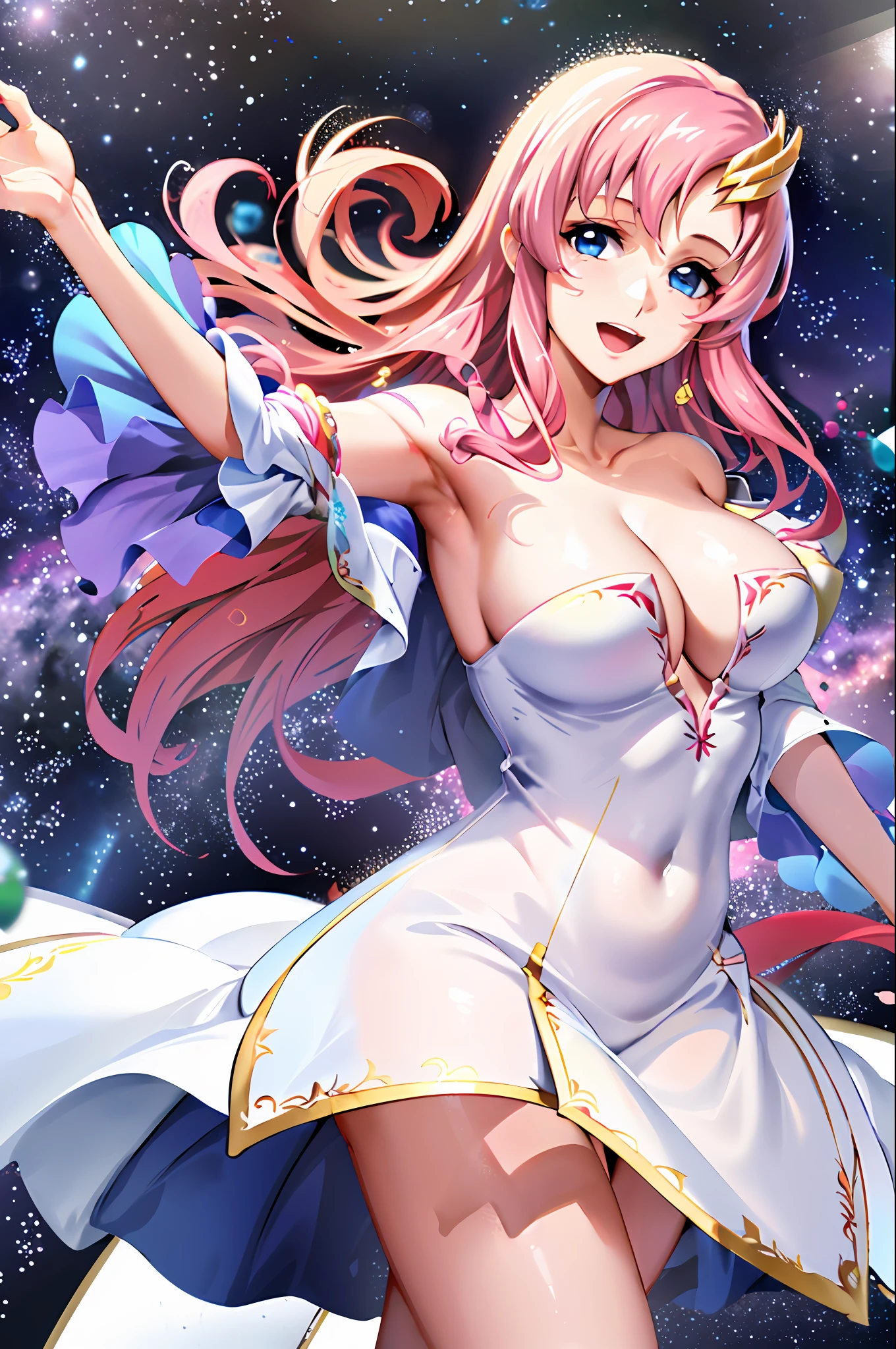 (masterpiece, 4k, best quality, anime style: 1.9, space background, detailed face, tall, mature woman, lovely, (white background), drawing lines, highres, anime, lacus4. white dress with pink design), 1girl, solo, curvy figure, long hair, clavicle, shoulder bone, wavy hair, thighs, hair ornament, pink hair, cleavage, big hands, big blue eyes, off-shoulder, MEDIUM breasts, smile, open mouth very much, very slim belly, stretch hands, leaning forward, very happy, potrait