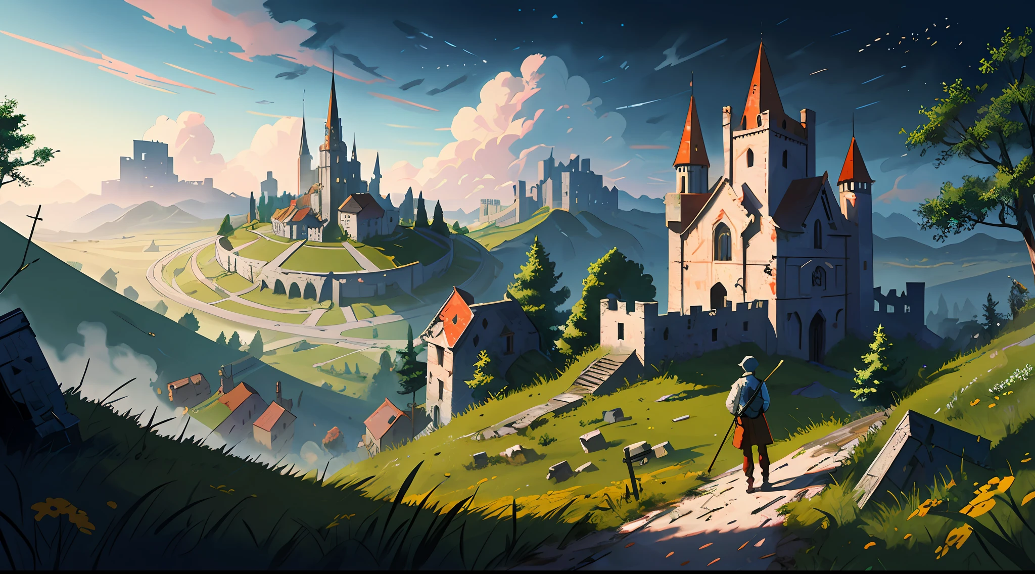 An ultra-detailed and intricate digital illustration of a villager on a hill looking at an abandoned medieval town, atmosfera de terror, cores escuras, (horror), fantasia, ultra detalhada, trending on ArtStation, extremely detailed illustration, semi-realista, intrincado, alta resolução, 4k, Pintura Digital 4K