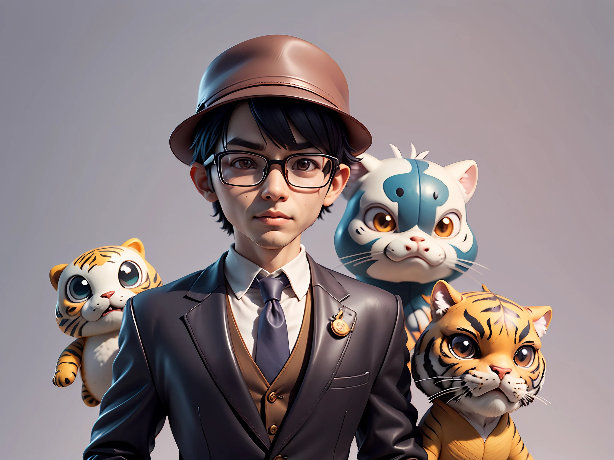 Young man with oriental face in leather hat, tiger, oriental face in formal suit, short black hair, silver glasses, digital painting, 3D character design by Mark Clairedon and Pixar and Hayao Miyazaki and Akira Toriyama, the illustration is a high-definition illustration in 4K resolution with very detailed facial features and cartoon-style visuals.