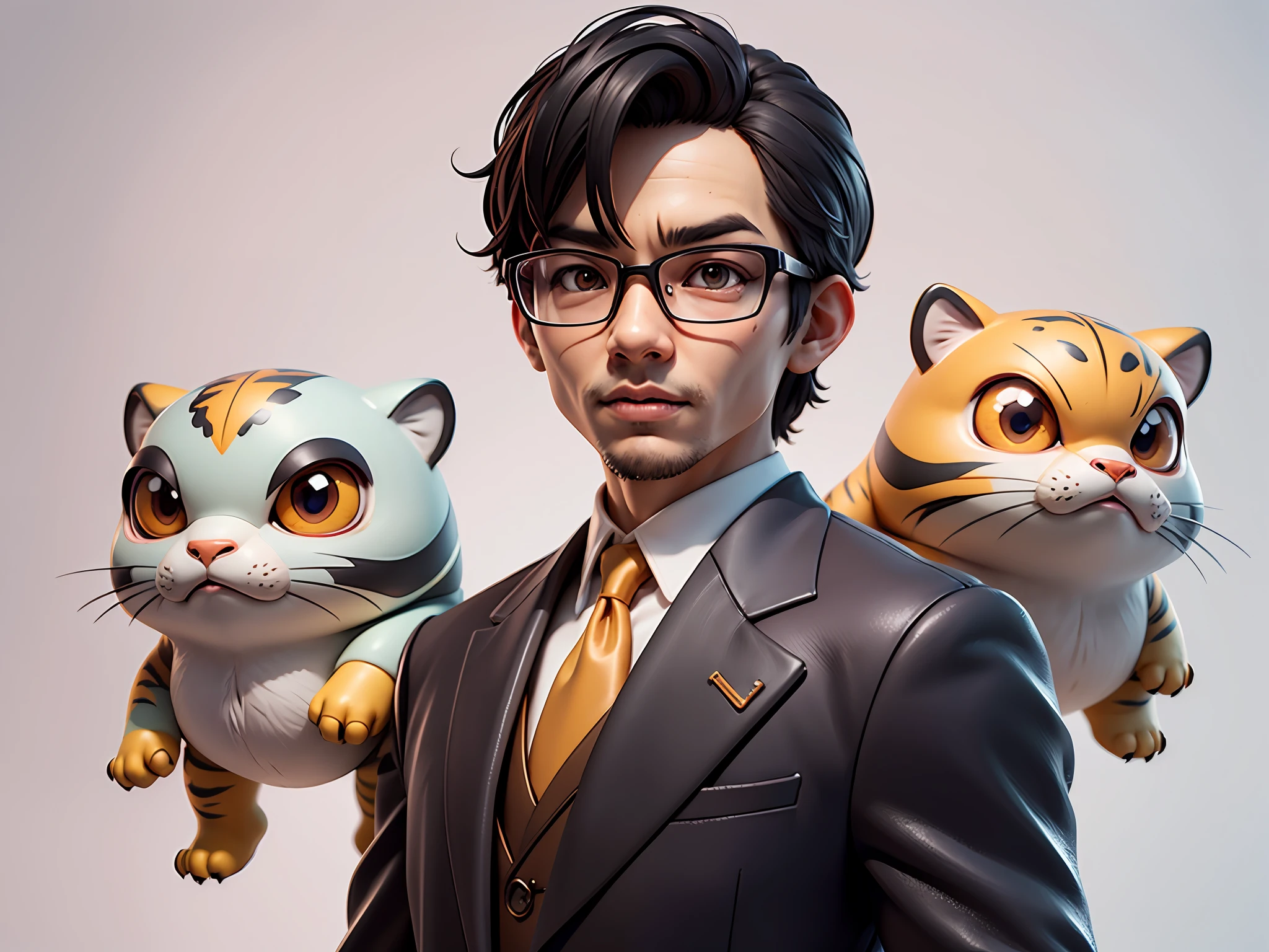 Young man with oriental face in leather hat, tiger, oriental face in formal suit, short black hair, silver glasses, digital painting, 3D character design by Mark Clairedon and Pixar and Hayao Miyazaki and Akira Toriyama, the illustration is a high-definition illustration in 4K resolution with very detailed facial features and cartoon-style visuals.