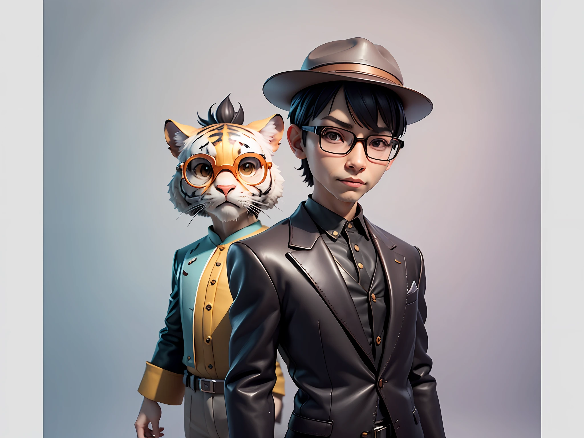 Young man with oriental face in leather hat, tiger, oriental face in formal suit, short black hair, silver glasses, digital painting, 3D character design by Mark Clairedon and Pixar and Hayao Miyazaki and Akira Toriyama, the illustration is a high-definition illustration in 4K resolution with very detailed facial features and cartoon-style visuals.