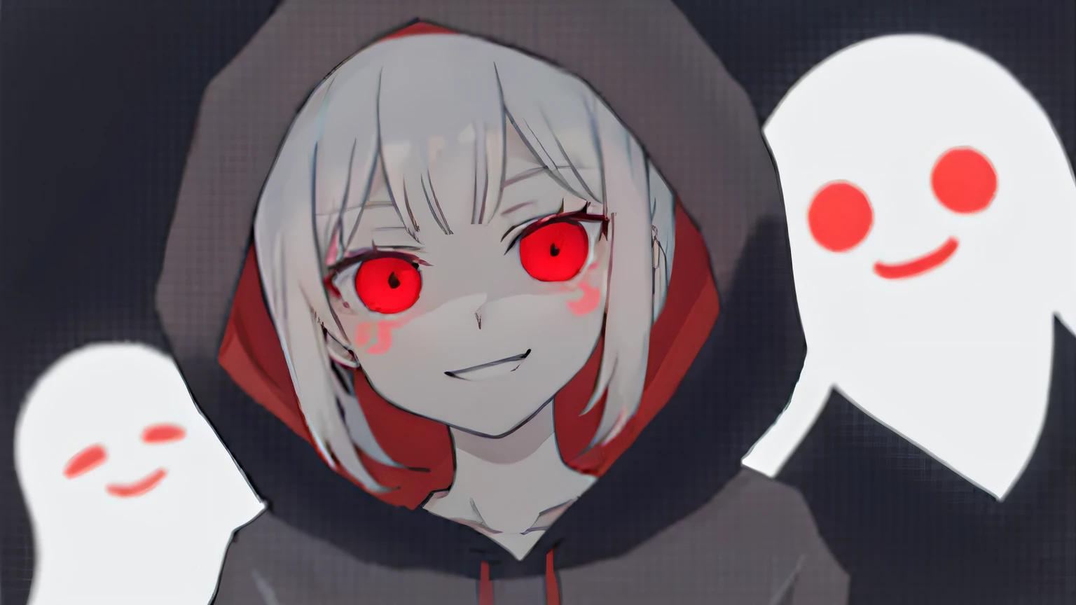 Anime girl with hoodie and red eyes in dark room, sans undertale, pale young ghost girl, eyeless, photo of scp-173, wearing a hoody, with glowing eyes, evil smile and glowing eyes, author：Uesaka Seka, [[[[grinning evily]]]], sans from undertale, author：New Art, with no face