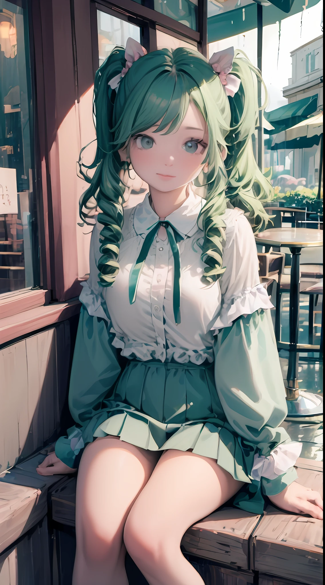 (A girl:1.2), sitting in a cozy coffeehouse interior while the rain drizzles outside. She gazes through the window, watching the world reflect in the puddles on the pavement. Her cute hairbow completes her comfortable yet stylish look. The color palette of the scene is dominated by pale blue and seafoam, giving a serene and tranquil atmosphere.