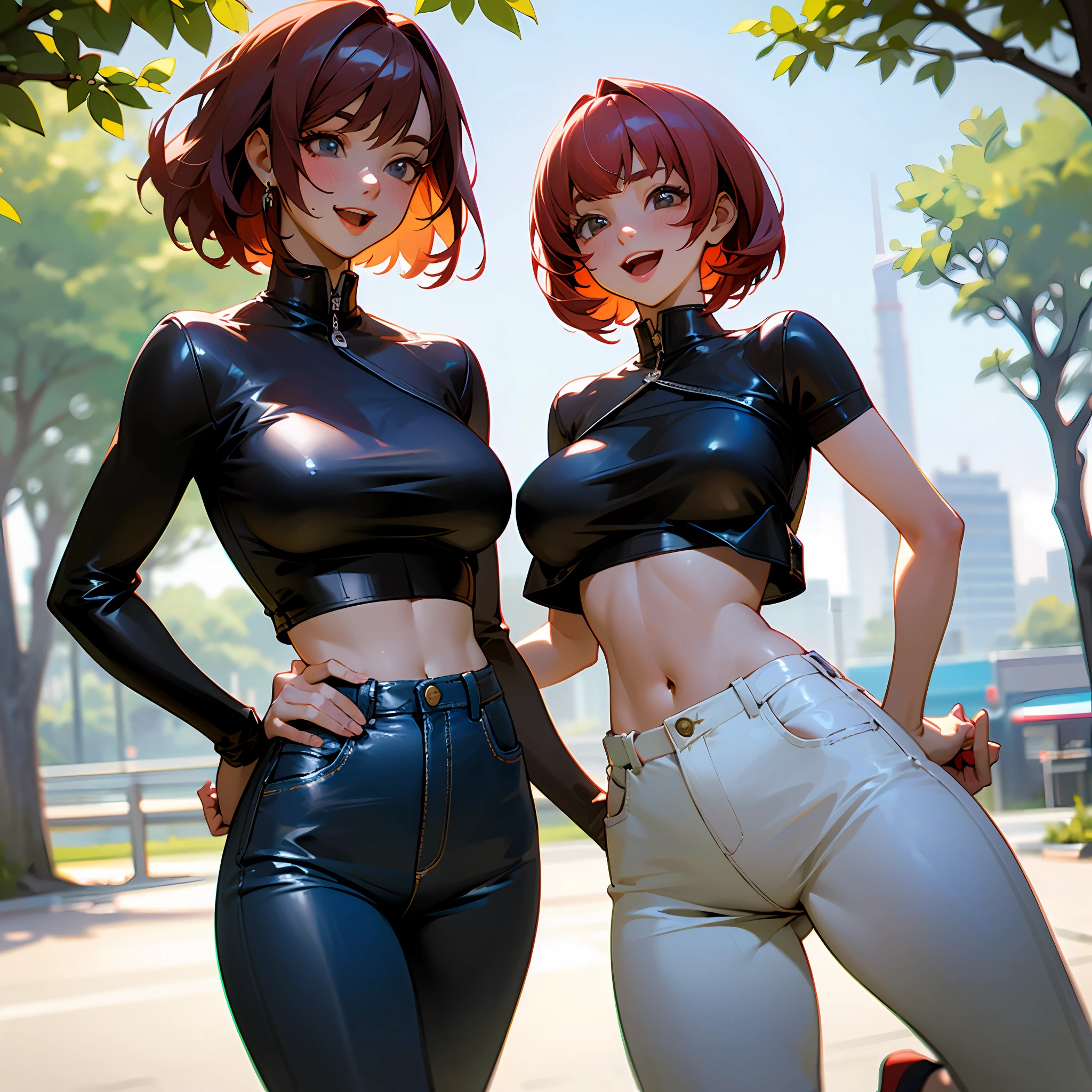 (Masterpiece), (Extreme), ((sandals)), (Super detailed), (Body: 1.9), stunning Asian girl, sun, cute, smile, open mouth, city, fashion, scantily clad, blush, tree, black top exposing the abdomen, white jean shorts, very short length red hair , blur, bangs,(beautiful detailed face), (beautiful detailed eyes), huge bust, ultra realistic, tight leather clothing, fitted clothing. --auto