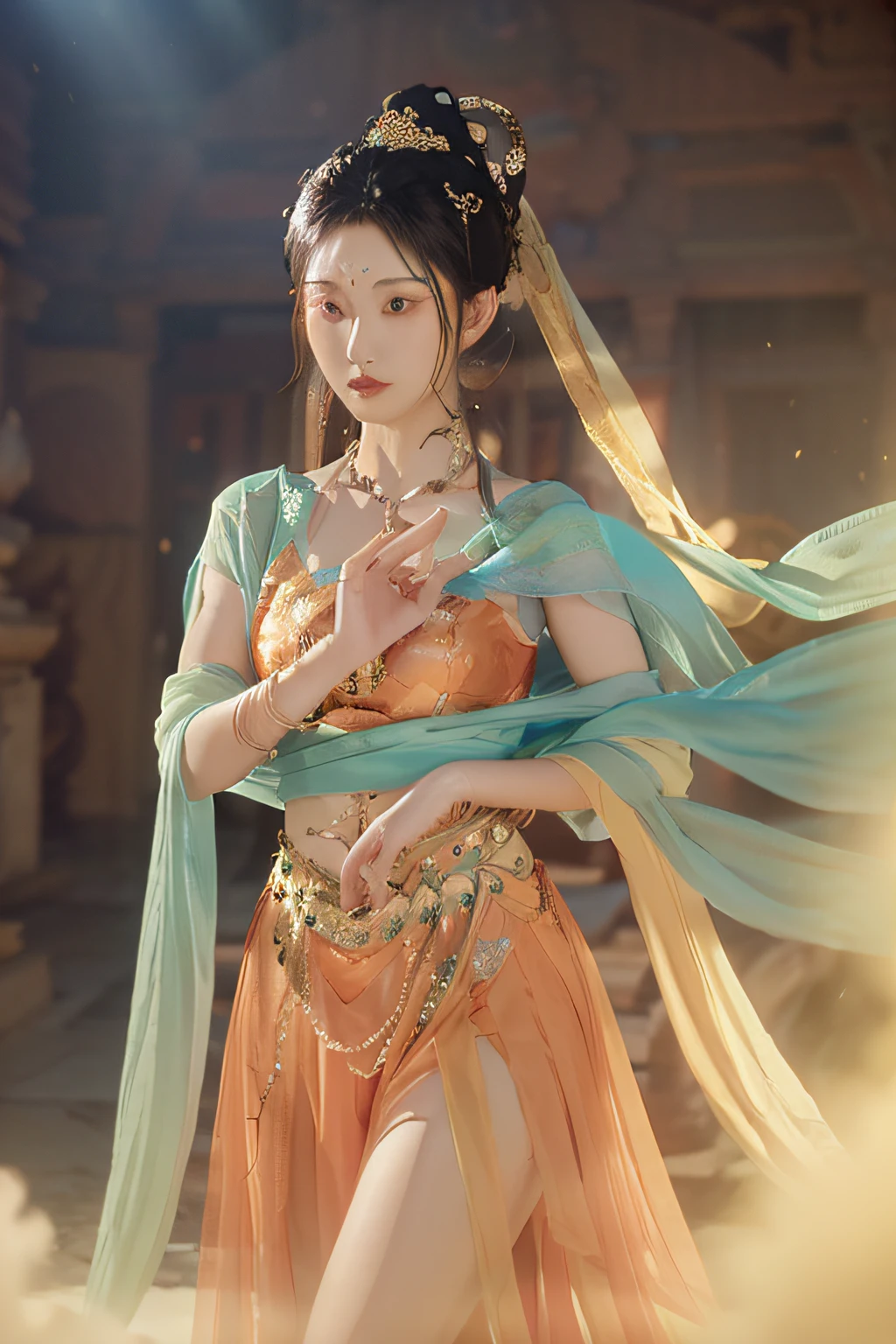 (8k, RAW photo, best quality, masterpiece:1.2), (realistic, photo-realistic:1.4), (extremely detailed CG unity 8k wallpaper), 1 girl solo, dance, dunhuang_dress, dunhuang_style, dunhuang_background,