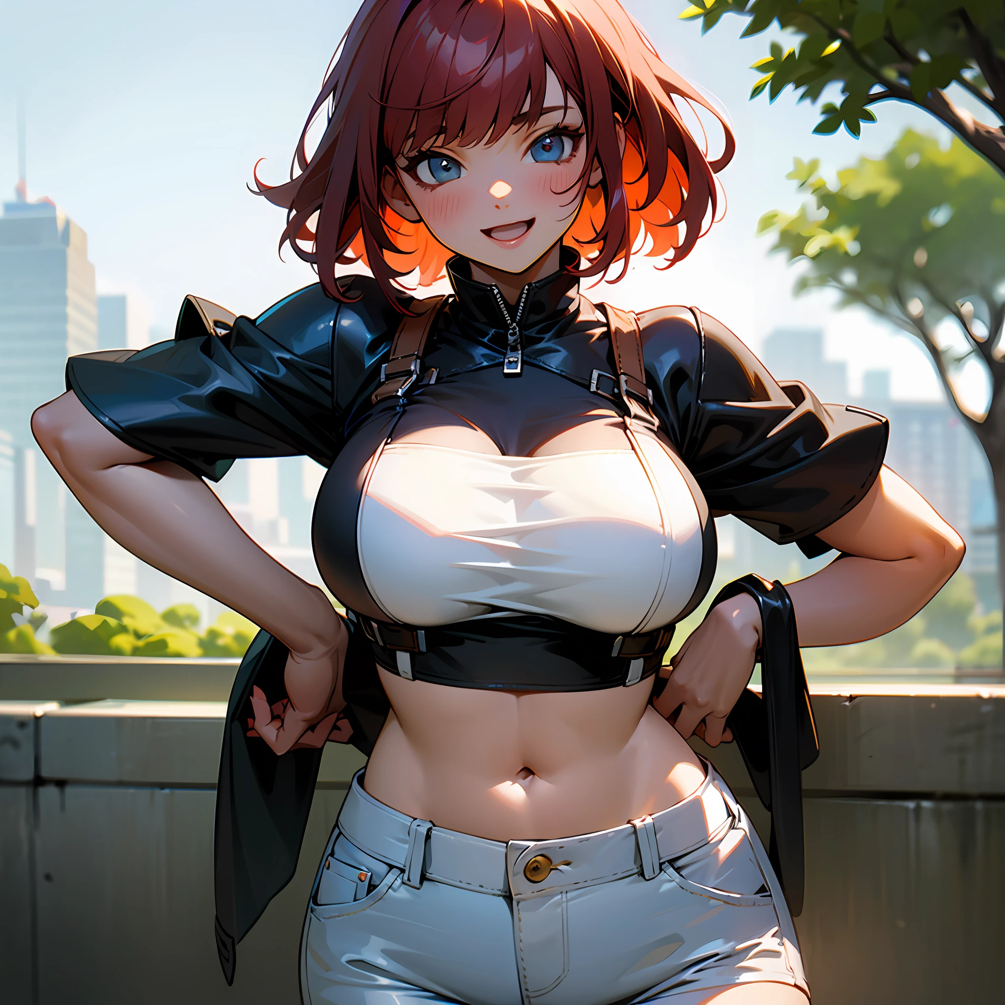 (Masterpiece), (Extreme), ((sandals)), (Super detailed), (Body: 1.9), stunning Asian girl, sun, cute, smile, open mouth, city, fashion, scantily clad, blush, tree, black top exposing the abdomen, white jean shorts, very short length red hair , blur, bangs,(beautiful detailed face), (beautiful detailed eyes), huge bust, ultra realistic, tight leather clothing, fitted clothing. --auto