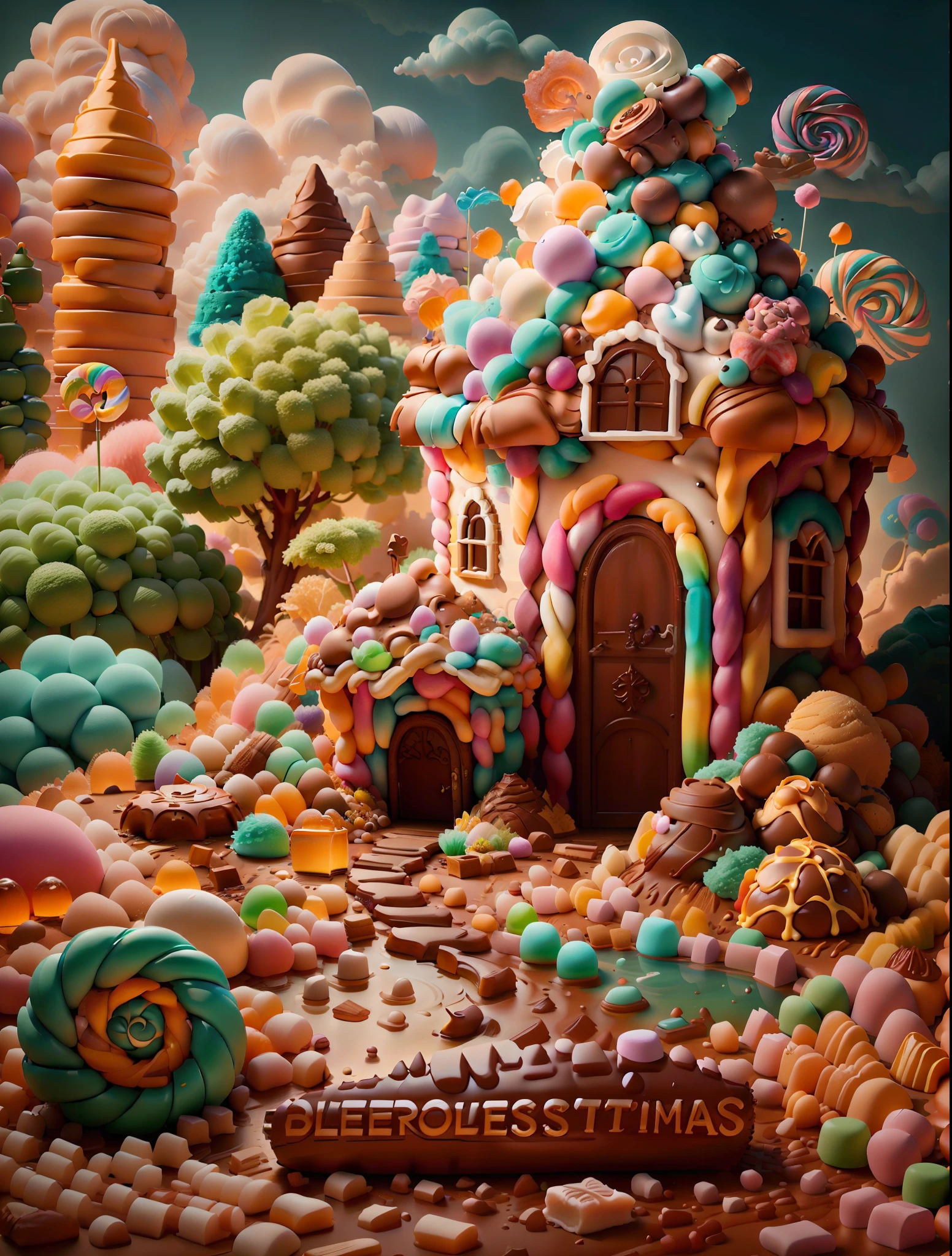 "(((obra-prima))) melhor qualidade, Full HD 8K, Fantasy setting made of candy, gate, janelas e telhado todos feitos de doces, no human presence, rios doces de xarope, in a magical and enchanting environment."guloseimas, biscoito, Chantilly,Chocolate com Nutella,rio de mel ,mel de rio , cotton candy gum,bombom, Rainbow made with treats, chimney made with goodies, rio de mel , renderização 3dMM. profesional lighting