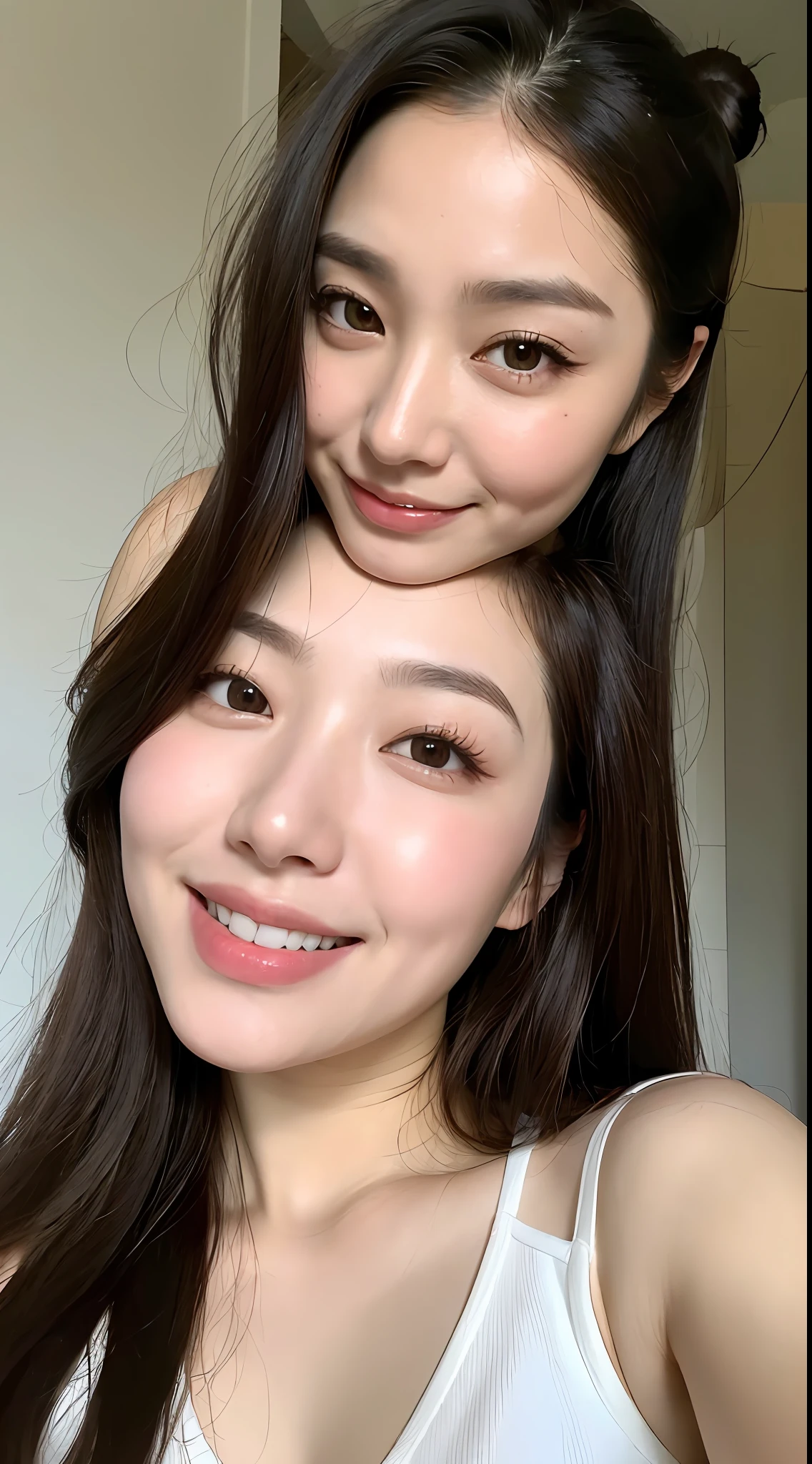 (1.3:Best quality, 4k, Masterpiece), a seductive woman with a captivating smile and (1.1:dark brown hair), wearing a white tank top that shows off her (detailed face+detailed lips+detailed eyes+double eyelid), 50 year old, dimple, aunty, hair bun, gigantic breast