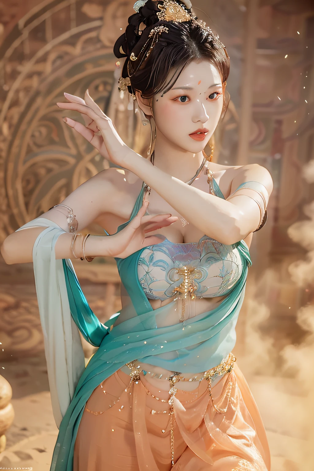 (8k, RAW photo, best quality, masterpiece:1.2), (realistic, photo-realistic:1.4), (extremely detailed CG unity 8k wallpaper), 1 girl solo, dance, dunhuang_dress, dunhuang_style, dunhuang_background,