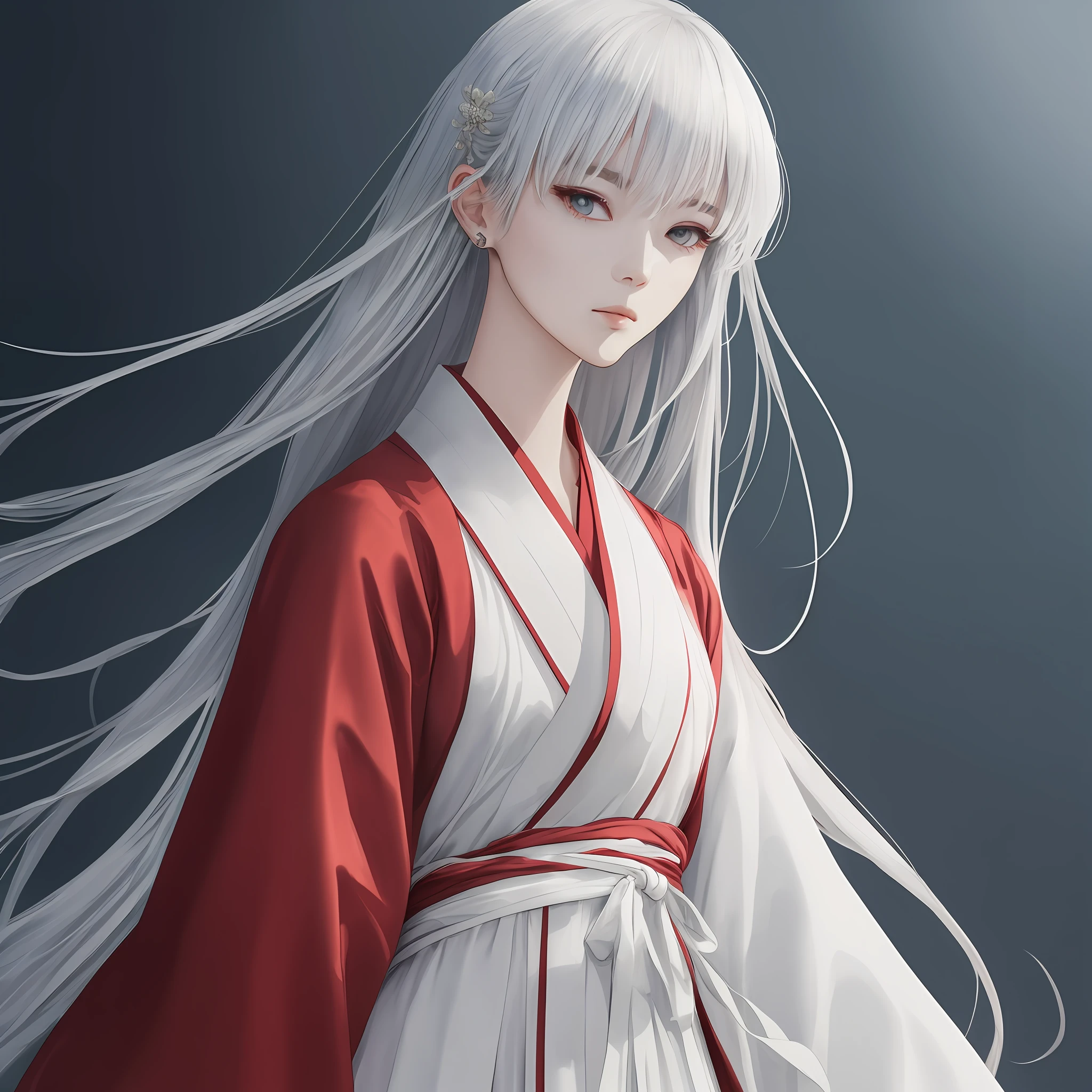((4K, Master of Fine Arts, Highest image quality)), Ink painting style, Hanfu, , 1 woman, Elegant solo, Silver Hair Long, , The white combination reflects nobility，It revealed a hint of indifference。 --auto