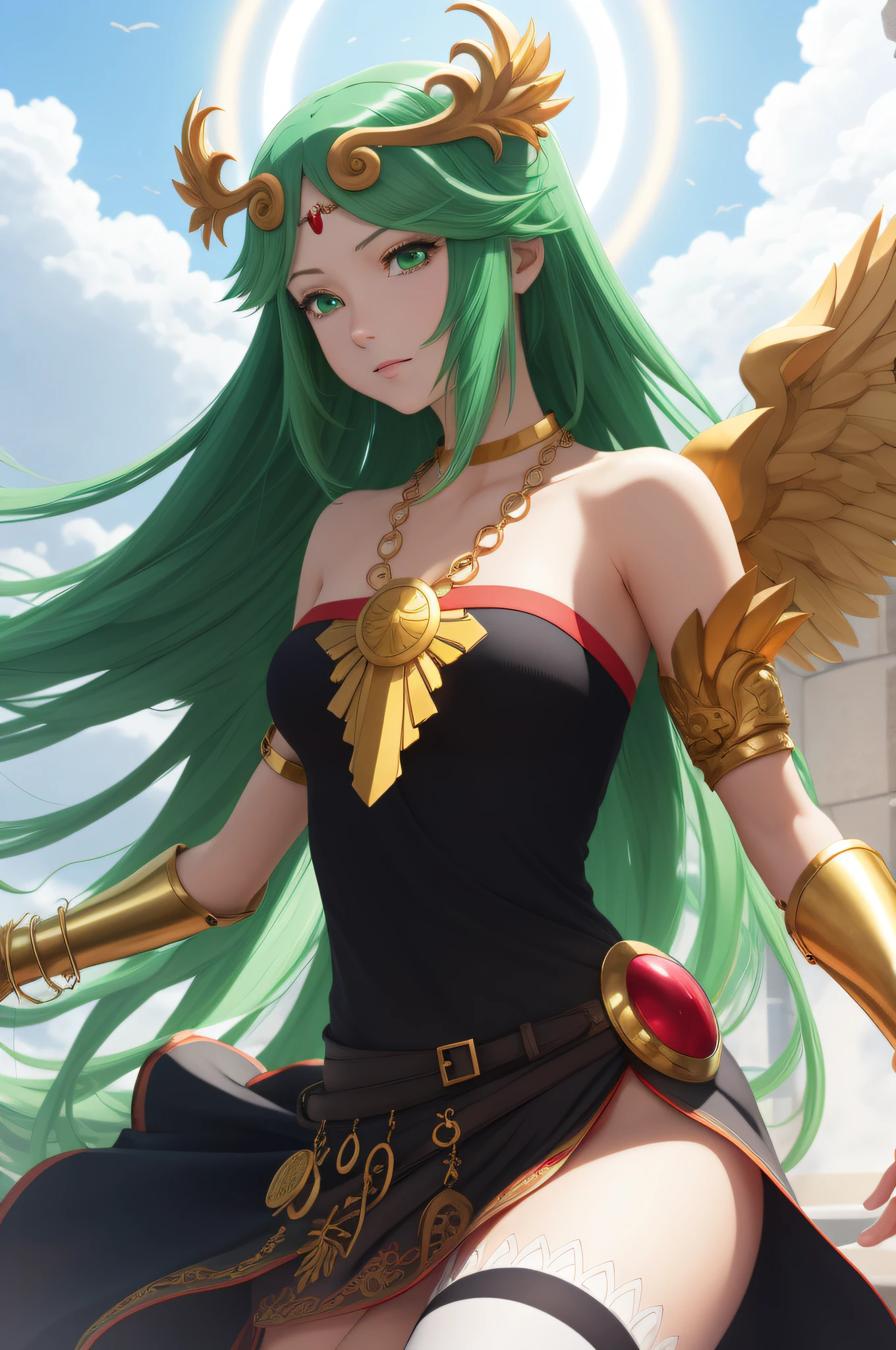 masterpiece, best quality, highres, hmpa1, palutena, parted bangs, tiara, large breasts, necklace, bare shoulders, strapless dress, vambraces, belt, black dress, black thighhighs, single thighhigh,  feet perfect detail, holy halo whit wings light,  palace in the sky,  green hair, long hair, (anime coloring, anime screencap)