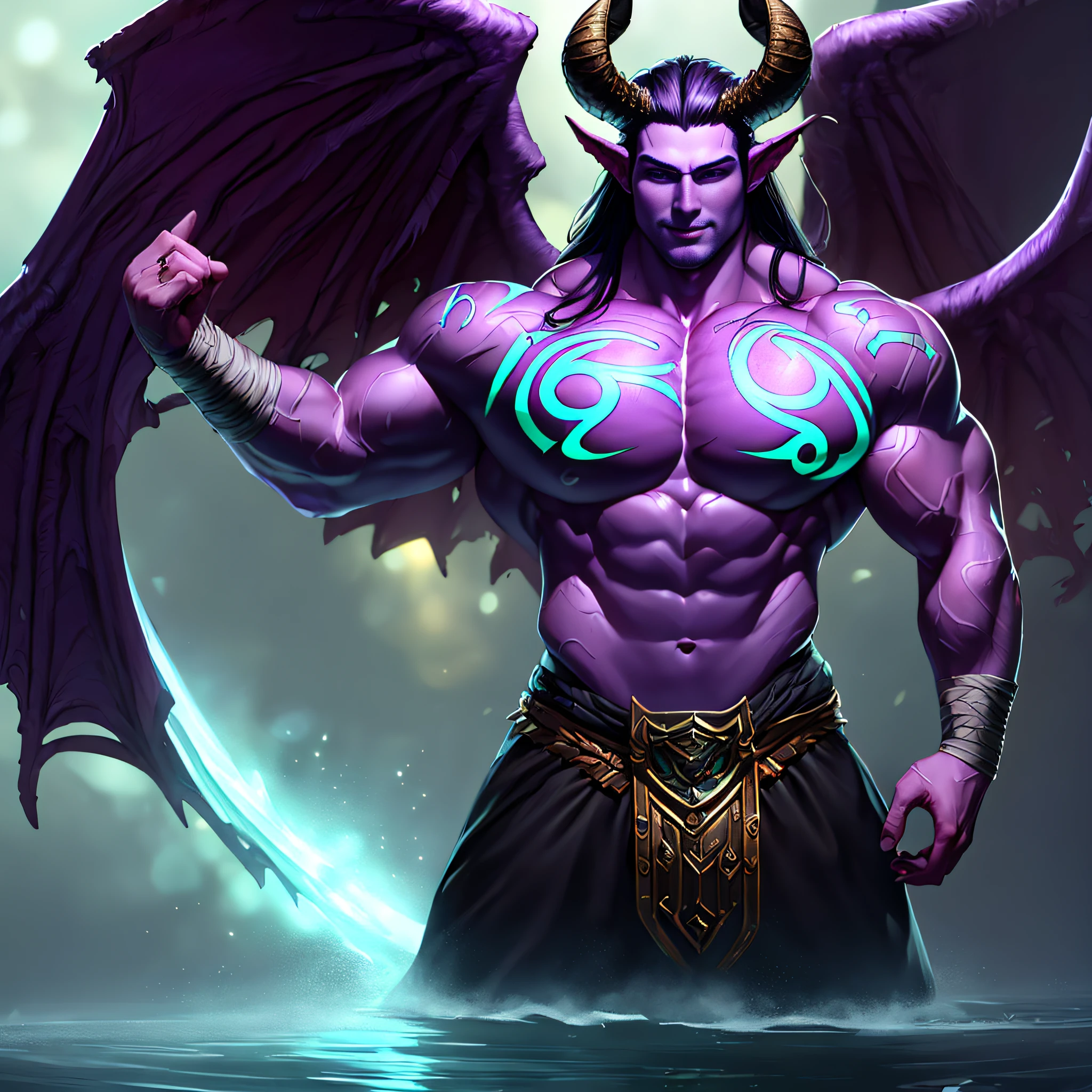 (1men), ilidari masculine, tall, pale skin, very long hair, detailed face, wings, tatoo, full body, perfect body, huge beefy muscle, large pectorals, full naked, enojado, dientes afilados, cicatriz, light purple skin, horns, ojos verdes brillantes, vendas, magia verde, ruinas, espacio, agua, reflejo, volumetric illumination, mejor calidad, obra maestra, realista, (((masterpiece))), (((best quality))), ((ultra-detailed)), (hyper-realistic), (highly detailed CG illustration), cinematic light, high contrast, hdr, light smile, anatomically correct, super detail,