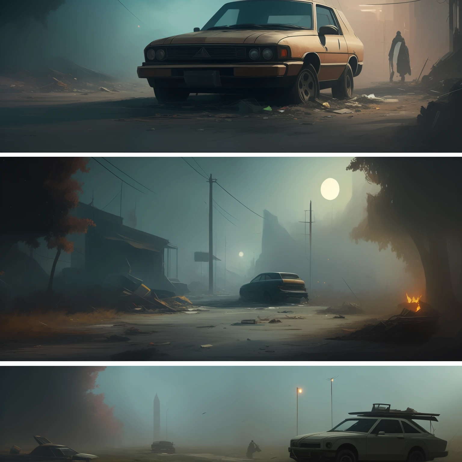 Sony Alpha a7 III camera with a Sony FE 16-35mm f/2.8 GM lens. Diptych split image of a two scenes of a deserted city with damaged vehicles, overgrown weeds, trash, damaged buildings, drifting fog, zombie invasion, dramatic lighting. concept art, inspired by senior dystopian artist, fps game concept art, inspired by Ismail Inceoglu, concept art, concept art scene, james gurney cinematic lighting, epic cinematic concept art, cinematic lighting color scheme, cinematic lighting, visual development, cinematic environment, masterpiece, celestial complexity