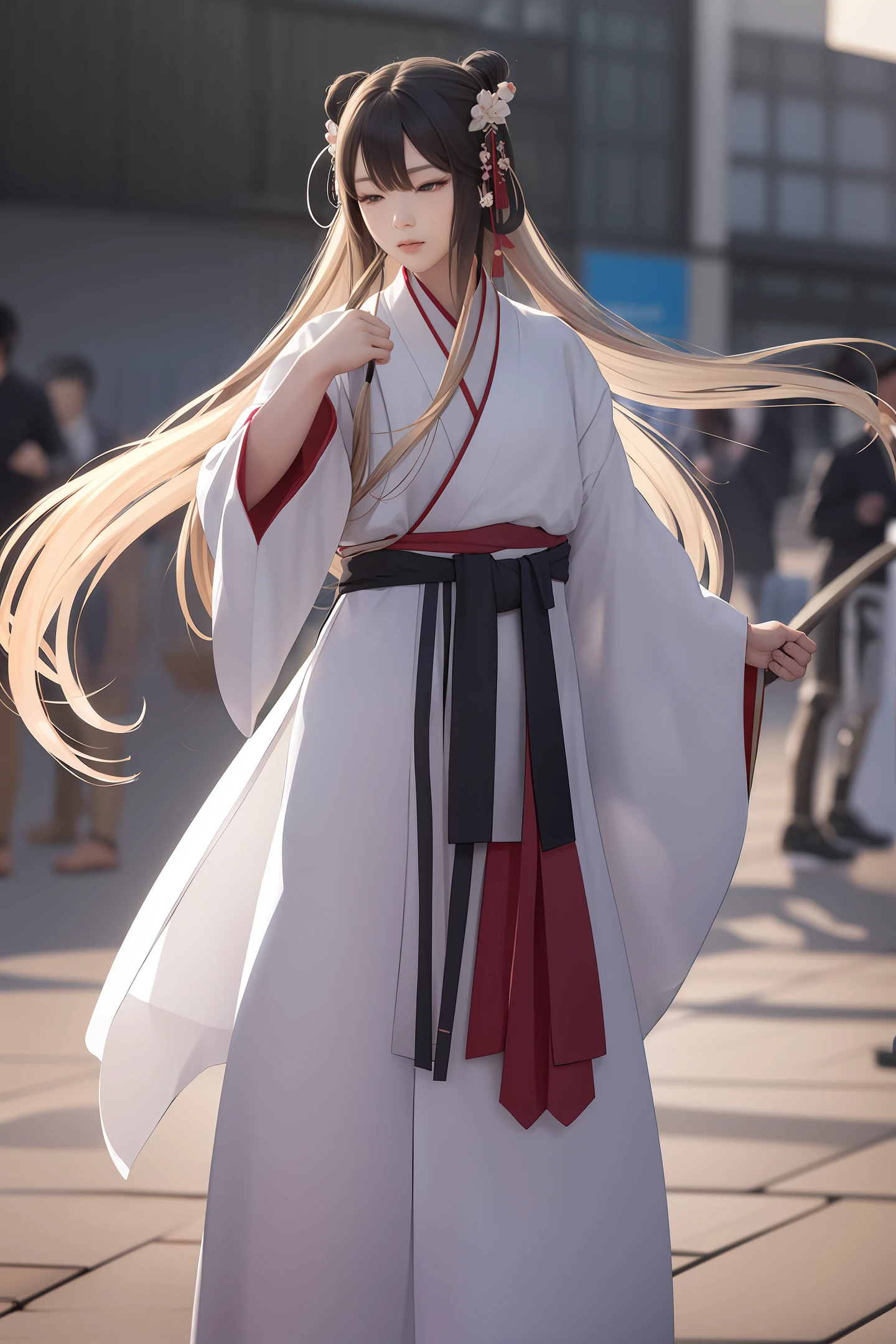 Hanfu，Long flowing hair，sport，tension，