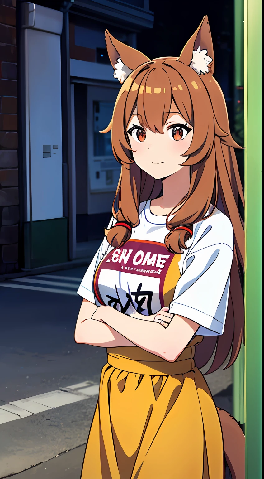 Raphtalia, Brown-haired, ojos rojos, orejas de animal, camiseta blanca, senos grandes, falda azul, en medio de la calle,