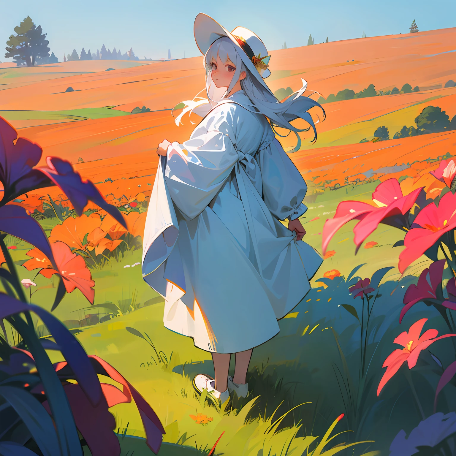 Meadow maiden standing on meadow with white hair in white hat white pajamas looking back --auto