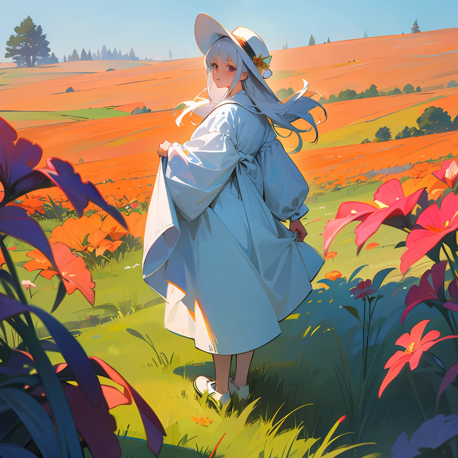 Meadow maiden standing on meadow with white hair in white hat white pajamas looking back --auto