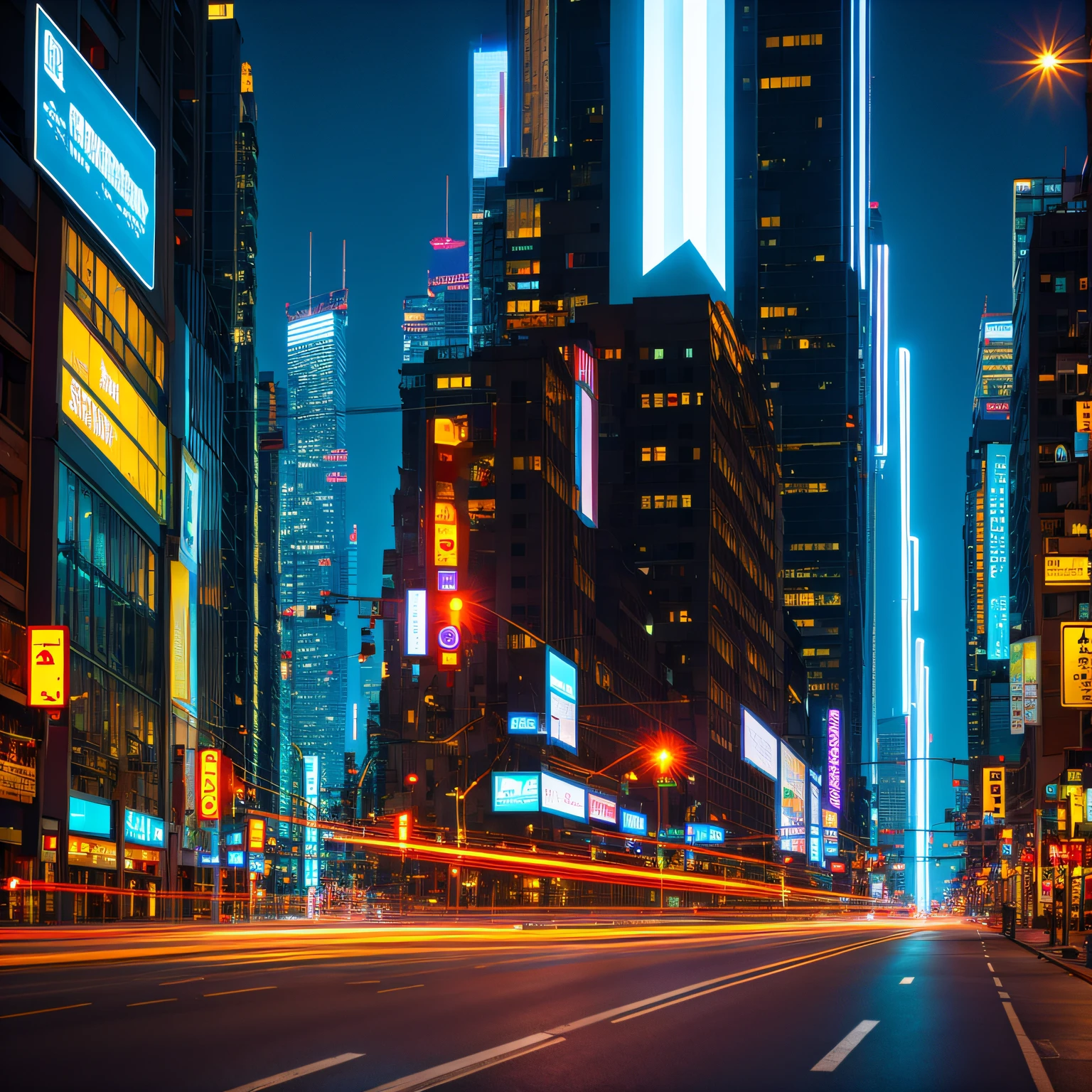 "Create an image of a futuristic modern city at night, with tall skyscrapers and futuristic architecture. Buildings should be illuminated with bright neon lights, que se refletem nas ruas molhadas pela chuva recente. As ruas devem estar movimentadas, with flying cars passing by and colorful traffic lights. There are large LED screens displaying ads and dynamic images in the buildings. in sky, See a number of unmanned aircraft circling, e uma enorme lua artificial iluminando a cidade. On the sidewalks, Have some people interacting with robots, assistants and others using holographic devices;. The city should convey a sense of modernity, Advanced technology and constant activity." --auto