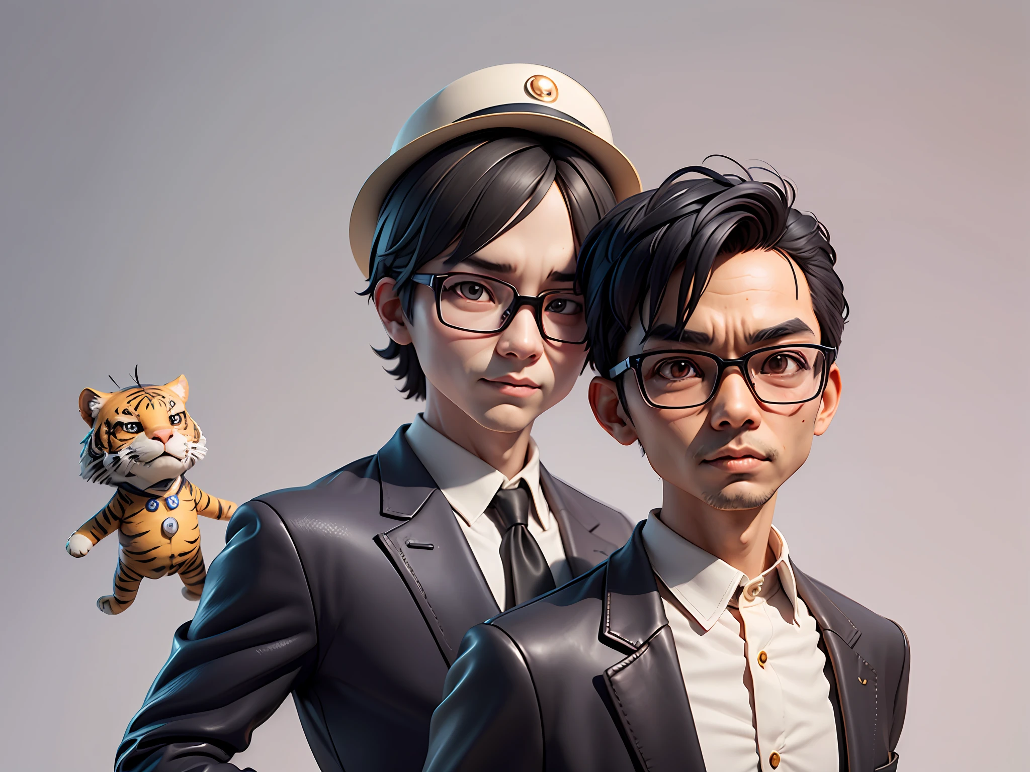 Young man with oriental face in leather hat, tiger, oriental face in formal suit, short black hair, silver glasses, digital painting, 3D character design by Mark Clairedon and Pixar and Hayao Miyazaki and Akira Toriyama, the illustration is a high-definition illustration in 4K resolution with very detailed facial features and cartoon-style visuals.