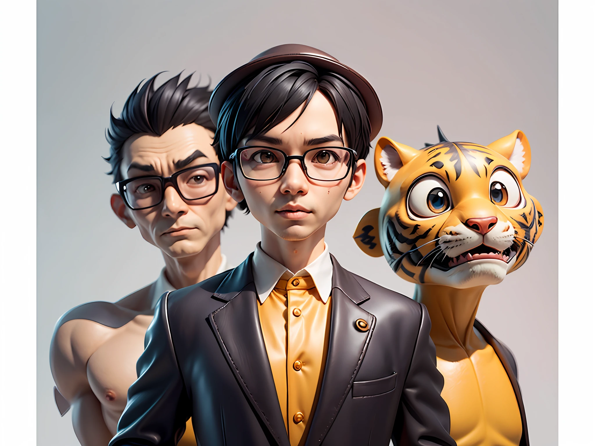 Young man with oriental face in leather hat, tiger, oriental face in formal suit, short black hair, silver glasses, digital painting, 3D character design by Mark Clairedon and Pixar and Hayao Miyazaki and Akira Toriyama, the illustration is a high-definition illustration in 4K resolution with very detailed facial features and cartoon-style visuals.