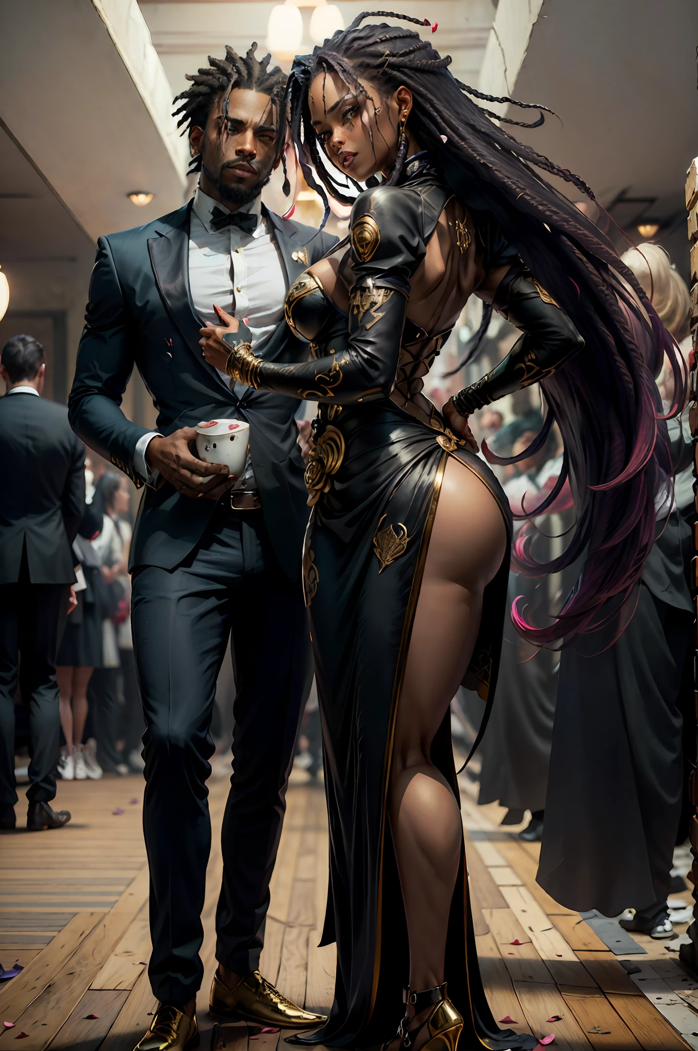 romantic couple, linda mulher negra de terno cinza, executivo, homem negro de terno preto, executivo, cabelo dreads preto raspado, Efeito de Luz, rose petals by the scene, Gold coins on the floor