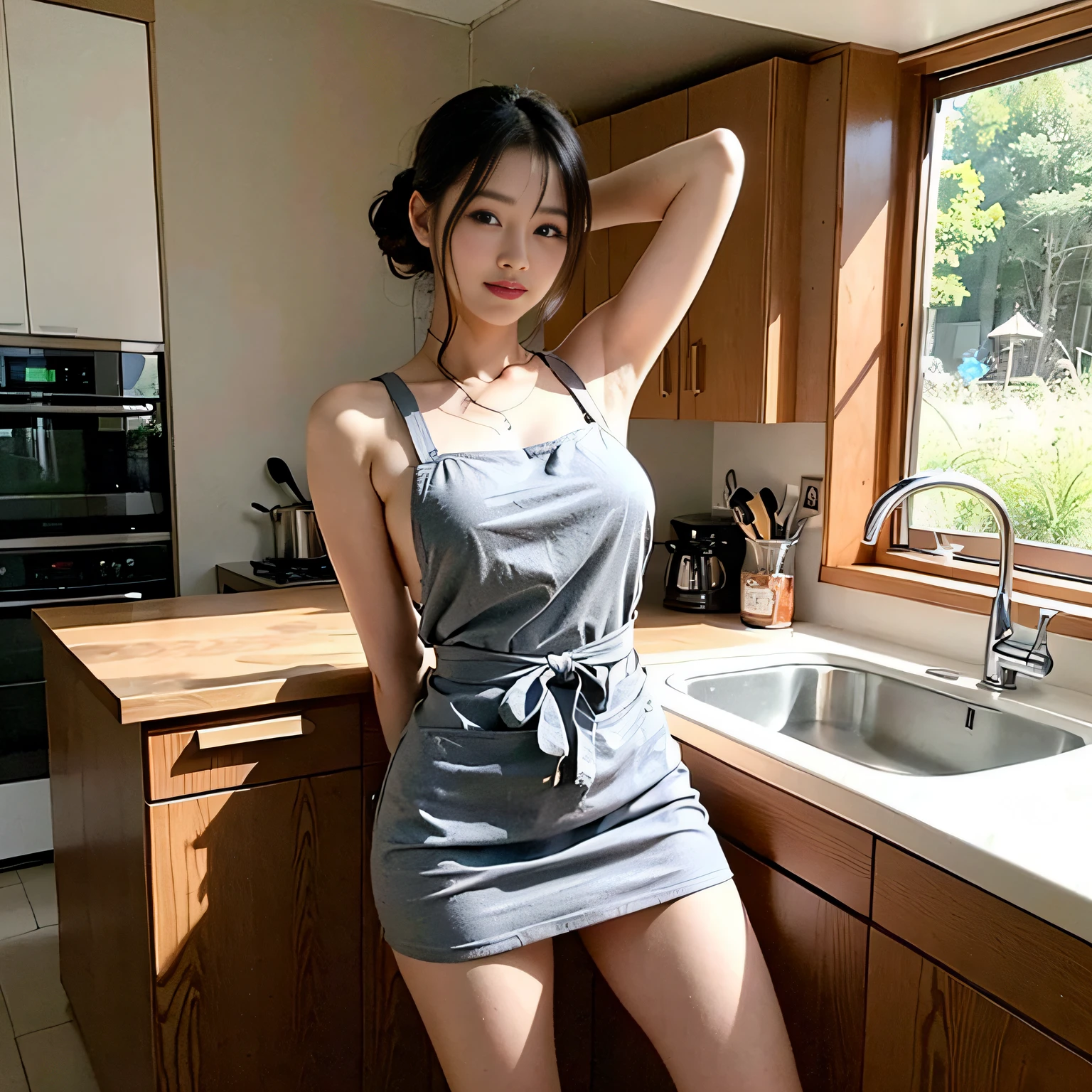 (A masterpice、the best quality、ultra hyperrealistic、flawless anatomy、Symmetrical limbs、Five fingers of a person、Beautiful Korean Woman、goddess of Japan、Big Chest、Double eyelids、Lustrous skin、Arms straight down)、Woman posing in kitchen wearing apron from naked top、Beautiful Asian Woman、Smile, Apron on sexy skin, Sexy angles on camera, Realistic kitchen、Back Pose