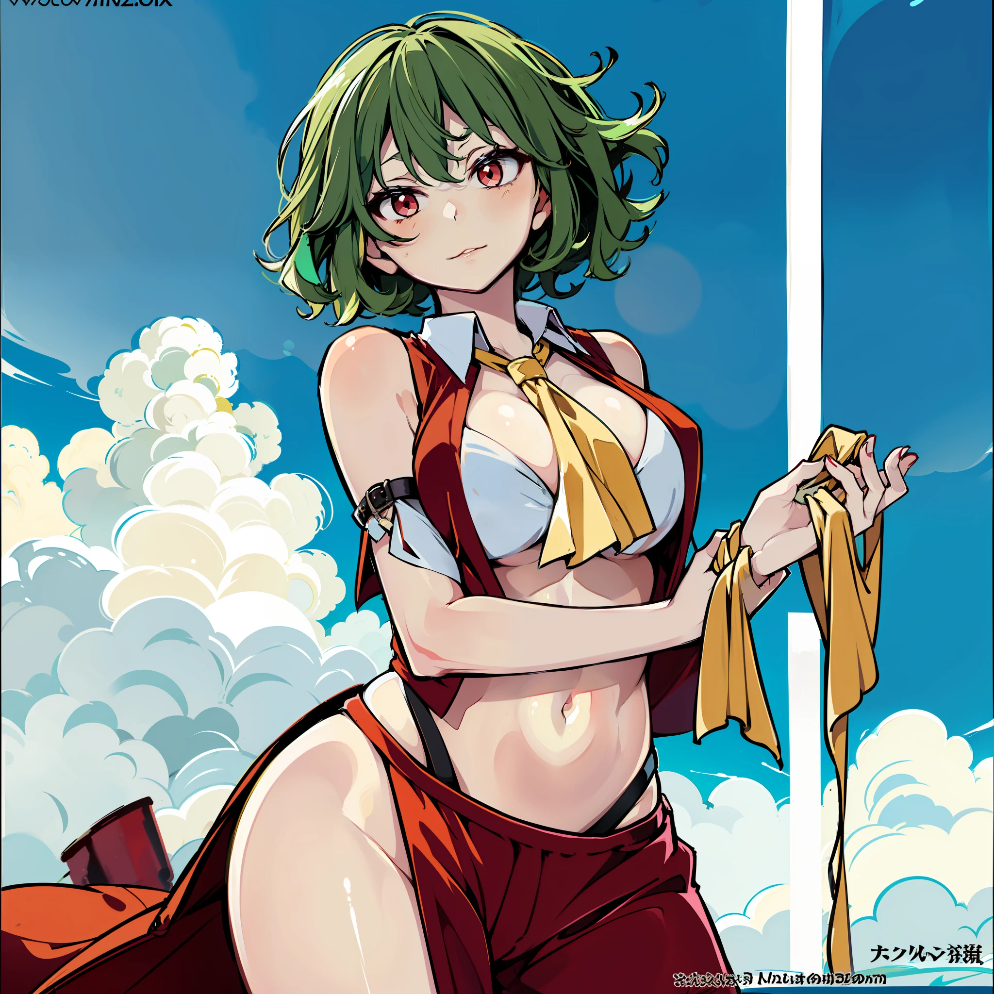 Anime pictures of green hair in lingerie bikini, 1girl in, sample watermark, breasts, Solo, kazami yuuka, Green hair, Swimsuit, bikini of, Large breasts, Traditional Media,red Cheongsam , cleavage, Short hair, Navel, Looking at Viewer, Cowboy Shot, blush