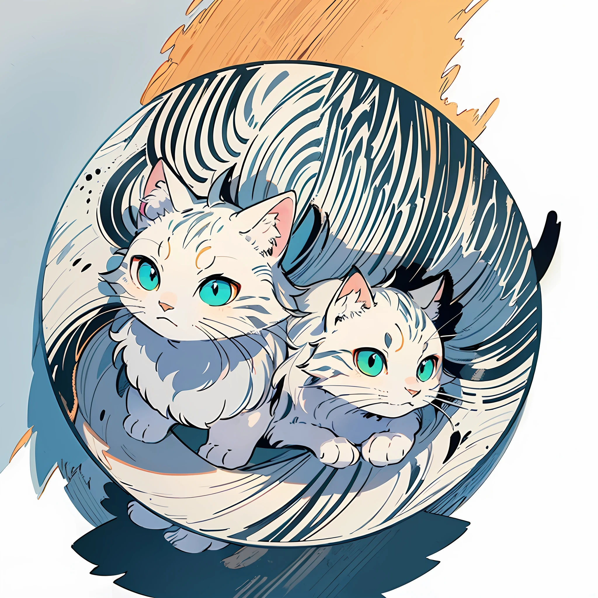 high resolution, 2D line art logo, white mackerel cat, white tabby cat, pale blue background, minimalistic and simple logo, smooth vector illustration, monochrome,