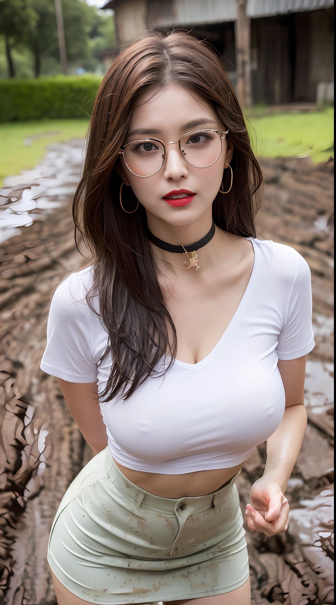 ((midnight, Need, 8K, tmasterpiece:1.3)), A whole body, Long legs, Focalors:1.2, Plump body,perfect figure beautiful woman:1.4,((Dark brown hair, huge tit:1.2 )), (Low-cut white T-shirt, Deep V white T-shirt,Skinny white T-shirt,blackstockings,short skirt), ((muddy road,mud ground,Dirty,disorderly,junk,African Village,decrepit)), lots of people,Highly detailed facial and skin texture, A detailed eye, 二重まぶた,wears glasses,crisp breasts,ssmile,The weather is hot,Bigger breasts, Wavy hair,crisp breasts,Get wet,Sweat profusely,Red lips,Wear earrings,wearing a choker,Wear a bracelet,orgy,Rejoice,Hot dance,Perfect chest shape,vibrancy,Heaty,wildness,huge tit