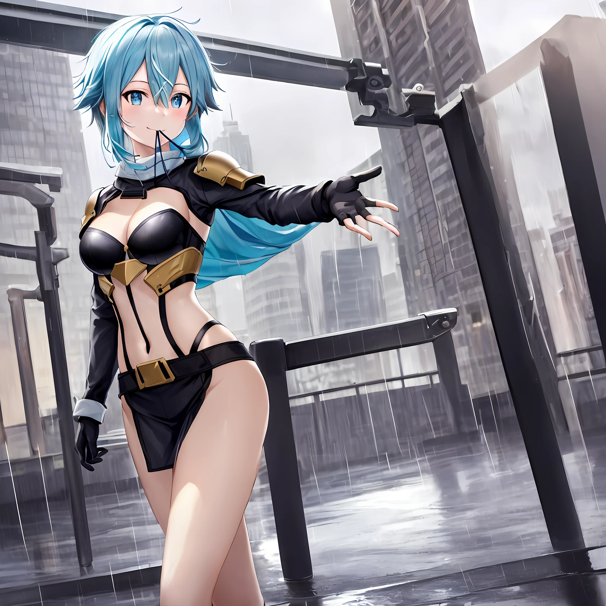 ((best qualtiy, 8k, tmasterpiece:1.3)), Focus:1.2, perfect figure beautiful woman:1.4, Cocked buttocks:1.2, ((Cut hair in layers, Beautiful breasts:1.2)), (wetclothes:1.1) , (Rain, Street:1.3), Bandeau Dress:1.1, Highly detailed facial and skin texture, A detailed eye, 二重まぶた，Whiten skin，long whitr hair,(Keep one's mouth shut:1.3)，A masterpiece of smile, Best quality, A high resolution, 1girll,sinon1, White gloves, upper legs, Pelvic curtain, bobbed long hair, hair between eye, side locks, chest plate, Shoulder armor, Blue armor, Cowboy shot, reaching out, Smile, Outdoors,