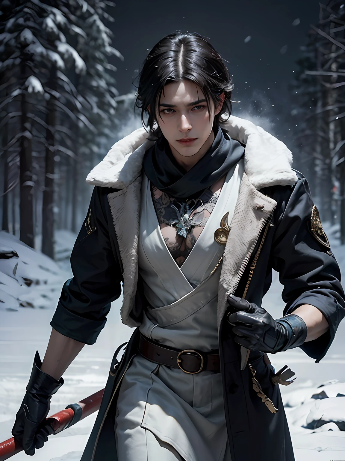 (More than half body), 1man, king of Frost, solo focus, adult, pale and young adult face, short black hair, black silk robe, realistic, dynamic pose realistic, detailed and correct facial structure, snow falling, strolling in his realm, slightly smirk, blades ornaments, frost mountain, LEON S. KENNEDY, handsome, attractive, slightly muscular, cinematic lighting, unreal engine, trending on ArtStation, intricate details,  masterpiece, best quality, by Irakli Nadar, Greg Rutkowski，(((best quality))),(((ultra detailed))),(((masterpiece)))