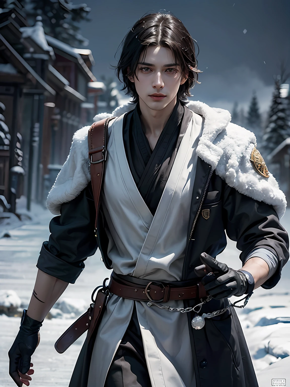 (More than half body), 1man, king of Frost, solo focus, adult, pale and young adult face, short black hair, black silk robe, realistic, dynamic pose realistic, detailed and correct facial structure, snow falling, strolling in his realm, slightly smirk, blades ornaments, frost mountain, LEON S. KENNEDY, handsome, attractive, slightly muscular, cinematic lighting, unreal engine, trending on ArtStation, intricate details,  masterpiece, best quality, by Irakli Nadar, Greg Rutkowski，(((best quality))),(((ultra detailed))),(((masterpiece)))