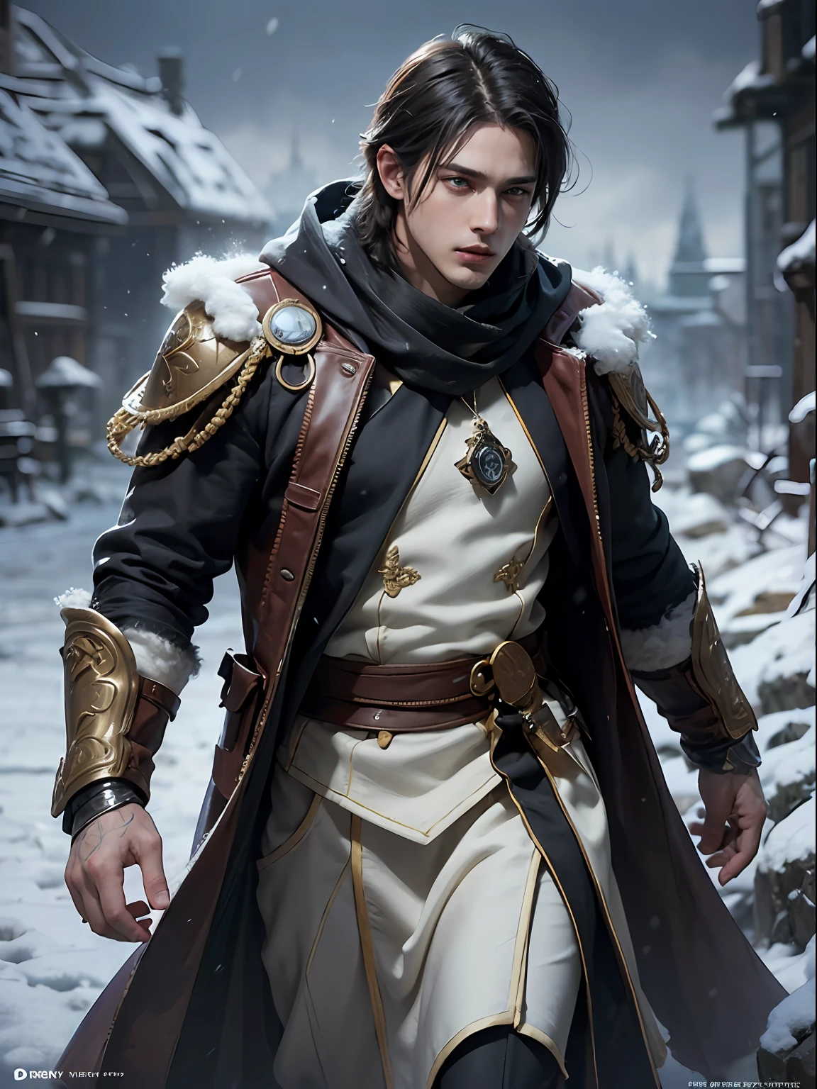 (More than half body), 1man, king of Frost, solo focus, adult, pale and young adult face, short black hair, black silk robe, realistic, dynamic pose realistic, detailed and correct facial structure, snow falling, strolling in his realm, slightly smirk, blades ornaments, frost mountain, LEON S. KENNEDY, handsome, attractive, slightly muscular, cinematic lighting, unreal engine, trending on ArtStation, intricate details,  masterpiece, best quality, by Irakli Nadar, Greg Rutkowski，(((best quality))),(((ultra detailed))),(((masterpiece)))