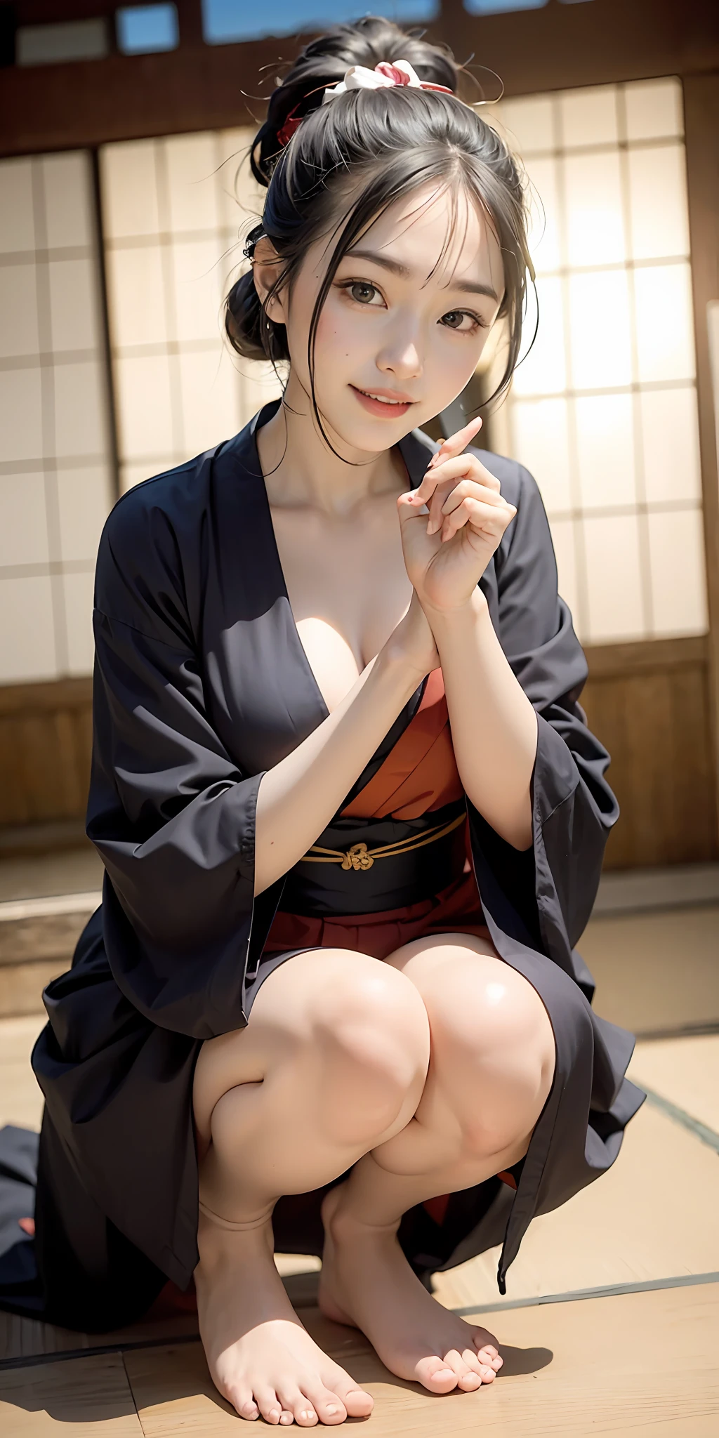 Delicate and masterpiece, beautiful details, 18k, colorful, fine details, detailed lips, intricate details, (1 woman: 1.1), (modest and beautiful 16-year-old neat Japan woman: 1.1), (kimono bijin, Japan), (hair tying: 1.1), (50mm Sigma f/1.4 Zeiss lens, f1.4, 1/800s, ISO 100, photo: 1.1), small breasts, ( Photorealistic: 1.1), Solo, looking_at_viewer, Short Girl, , Happy Smile, from_front, Kanzashi and Hair Ornaments, slim_legs, Skinny, thigh_gap, Model, Lens Flare, Unobtrusive Ribbon, (furisode, Barefoot: 1.3), (Sitting on tatami mats), Japanese-style room 1 person, Beautiful girl in the center of the screen, Solo, Cute, Elated expression, short black hair, (smile: 1.2), Japanese commentary, japanese_street, japanesePerson_ traditional_house, cowgirl, squatting, no pants, shame play, gonzo drawing, beautiful feet, 5 fingers, 2 legs, gonzo, silhouette, :1.3)